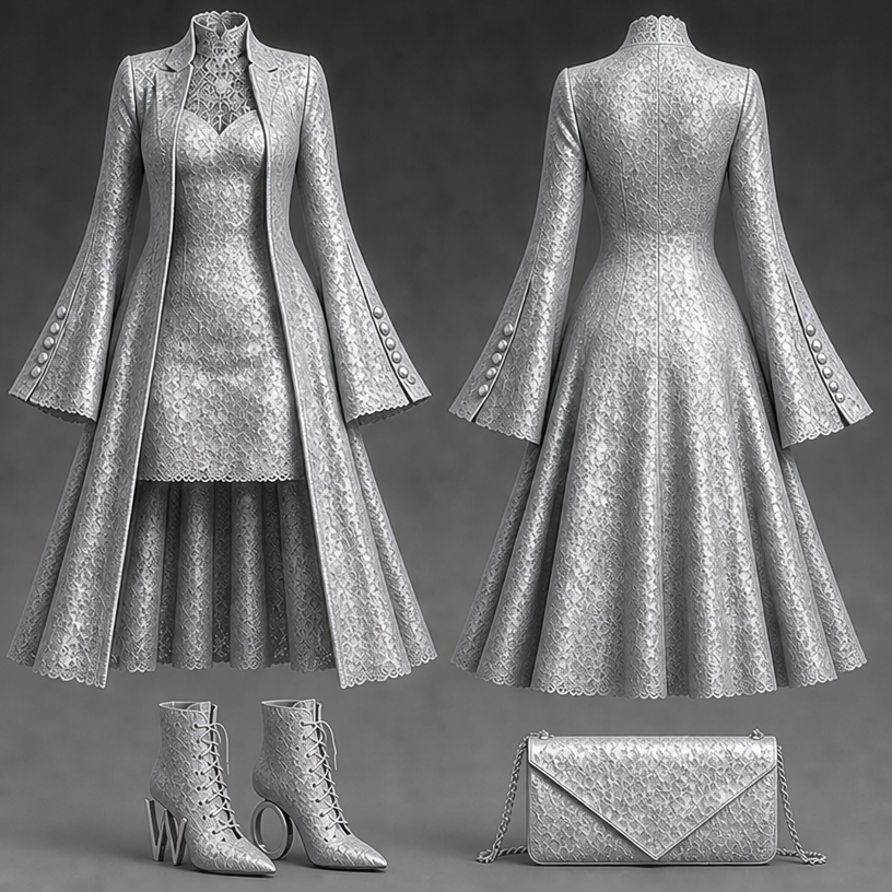 Make it in silver
edit the attached fashion design with these instructions: Make it in silver. keep it photorealistic, just the design no text