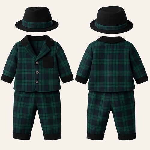 Baby suits of boy one-year-old
チェック模様、緑と紺
上下セットアップ
ポケットを黒に
裾口と袖口を数センチ黒色に
スーツのボタンはシルバー
黒のハット、ハットのリボンの部分にスーツと同じチェック模様のベルトを巻いて
