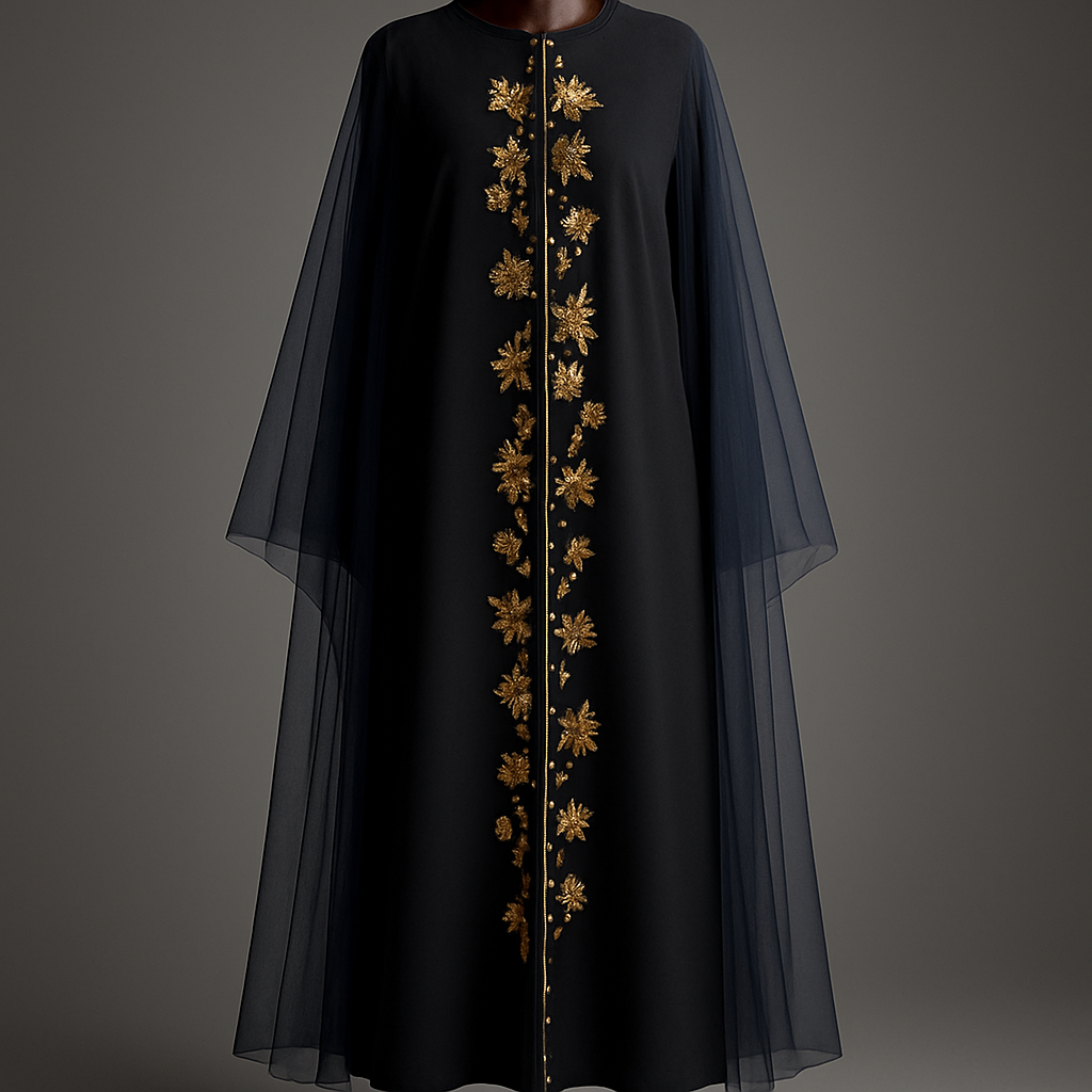 
Prompt (detailed, English):
"Photorealistic fashion render of an ankle‑length solid black crepe abaya with an attached light‑navy tulle cape. Placement: a single straight vertical line of Pakistani floral embroidery in warm metallic gold (#d4af37) runs from the center of the neckline opening down to the ankle; individual flower motifs vary in rotation and spacing for an organic/random look but strictly follow the central vertical axis. Density: light-to-medium — motifs spaced to feel airy yet continuous. Embroidery scale: medium (3–6 cm motifs) with subtle metallic sheen and tiny bead highlights; small ivory pearls intermittently sewn along the front opening edges (simple, elegant spacing). Cape: sheer light navy tulle attached at shoulders, slightly transparent so the black base shows through, falls to ankles. Mannequin: polished dark mahogany wooden mannequin visible to the ankles with elegant round base. Lighting & presentation: studio soft top‑down key with gentle rim light, neutral dark‑to‑mid gray gradient background, soft floor shadow. Shots: full‑length front (portrait 2:3) showing neckline to ankles, 3/4 view, and close‑ups of embroidery and pearl detail. Mood: refined high‑end fashion catalog photorealism, crisp textures, shallow DOF on closeups."

Short prompt (compact):
"Black ankle‑length crepe abaya + light‑navy tulle cape; central vertical Pakistani gold floral embroidery from neckline opening to ankle, light‑to‑medium density; gold front trim with small ivory pearls; polished mahogany mannequin; studio photorealistic fashion render."


Prompt (detailed, English):
"Photorealistic fashion render of an ankle‑length solid black crepe abaya with an attached light‑navy tulle cape. Placement: a single straight vertical line of Pakistani floral embroidery in warm metallic gold (#d4af37) runs from the center of the neckline opening down to the ankle; individual flower motifs vary in rotation and spacing for an organic/random look but strictly follow the central vertical axis. Density: light-to-medium — motifs spaced to feel airy yet continuous. Embroidery scale: medium (3–6 cm motifs) with subtle metallic sheen and tiny bead highlights; small ivory pearls intermittently sewn along the front opening edges (simple, elegant spacing). Cape: sheer light navy tulle attached at shoulders, slightly transparent so the black base shows through, falls to ankles. Mannequin: polished dark mahogany wooden mannequin visible to the ankles with elegant round base. Lighting & presentation: studio soft top‑down key with gentle rim light, neutral dark‑to‑mid gray gradient background, soft floor shadow. Shots: full‑length front (portrait 2:3) showing neckline to ankles, 3/4 view, and close‑ups of embroidery and pearl detail. Mood: refined high‑end fashion catalog photorealism, crisp textures, shallow DOF on closeups."

Short prompt (compact):
"Black ankle‑length crepe abaya + light‑navy tulle cape; central vertical Pakistani gold floral embroidery from neckline opening to ankle, light‑to‑medium density; gold front trim with small ivory pearls; polished mahogany mannequin; studio photorealistic fashion render.", show front and back