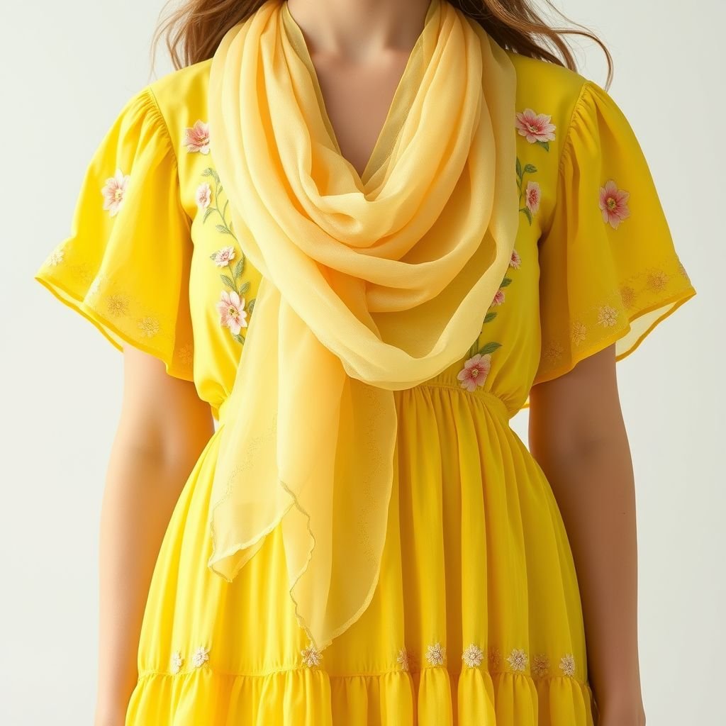 Yellow dress with chiffon scarf that is waisted with your flain from below, lightly embroidered in summer colours
A vibrant yellow dress featuring a flowing chiffon scarf draping elegantly around the waist, cascading in soft waves below. The dress boasts delicate embroidery in pastel summer hues—blush pinks, soft greens, and sky blues—creating a whimsical garden motif. Perfect for a sun-kissed picnic, blending romance with effortless style.