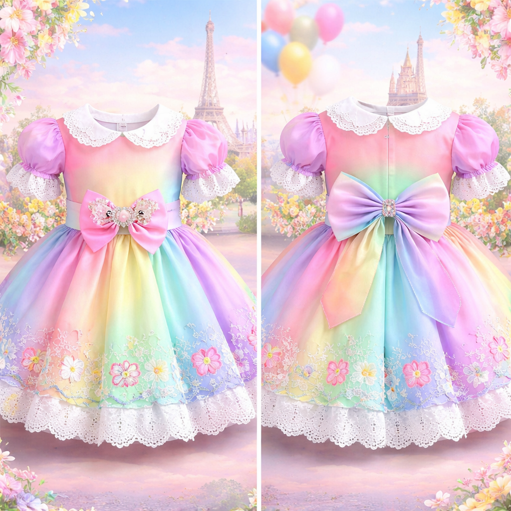 Rainbow pretty kid kindergarten floral dress Disney
Rainbow pretty kid kindergarten floral dress Disney , parisian style, show front and back
