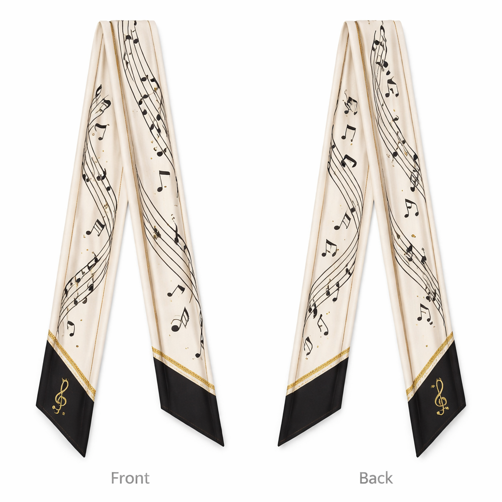 Design a silk scarf that is 5x86cm that is classic with music notes and tailored, simple
Design a silk scarf that is 5x86cm that is classic with music notes and tailored, simple, classic style, show front and back