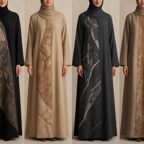 Create a modest abaya that’s the first of its kind, featuring a unique stone design that exudes a classy and sophisticated vibe. I’d like four designs, each showcasing different styles and fabrics. Incorporate high-end, unique chic stone designs to make them truly special.