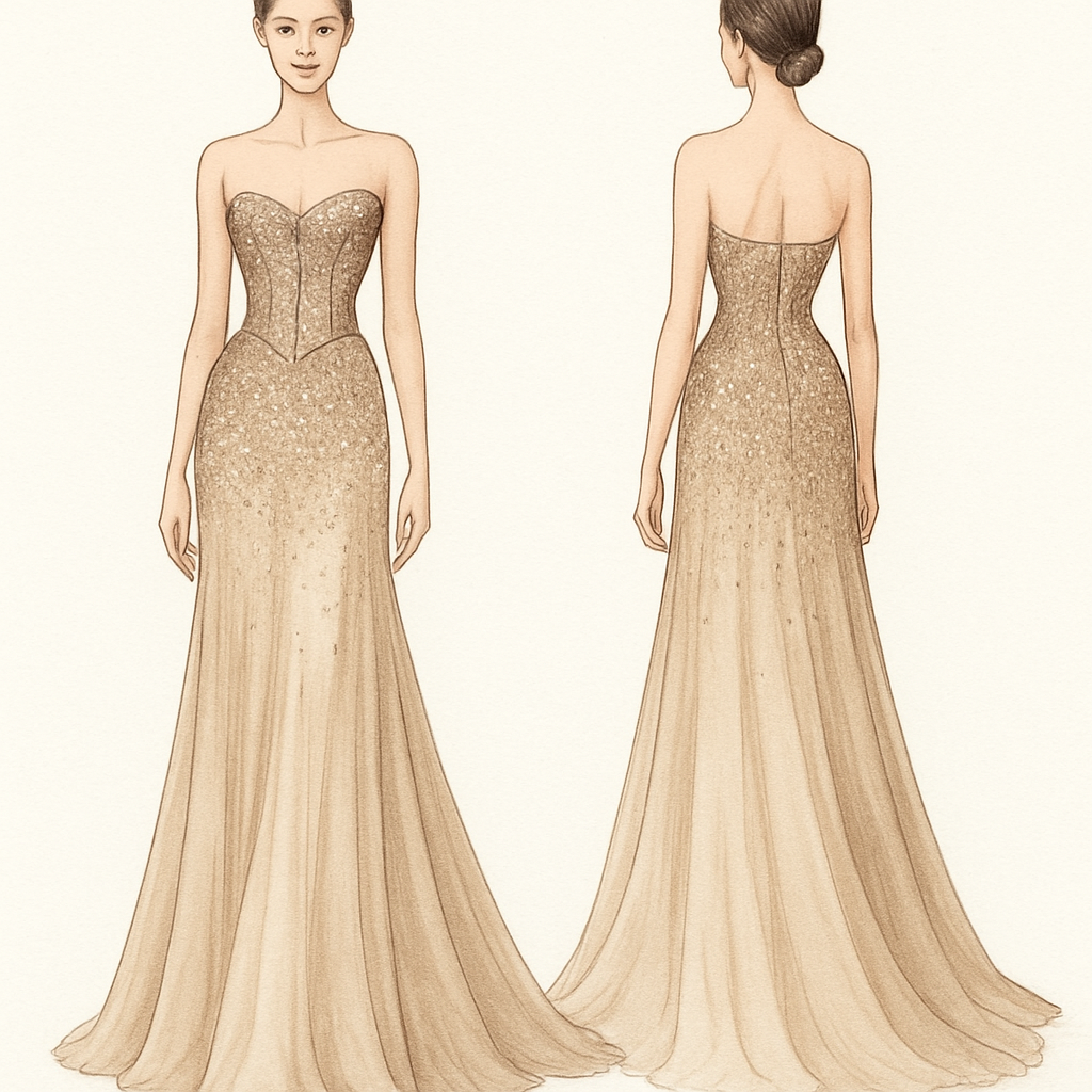 Long elegant defining dress which a corset at the top with glitter and gems fading from the top down
Long elegant defining dress which a corset at the top with glitter and gems fading from the top down
, elegant style, show front and back
