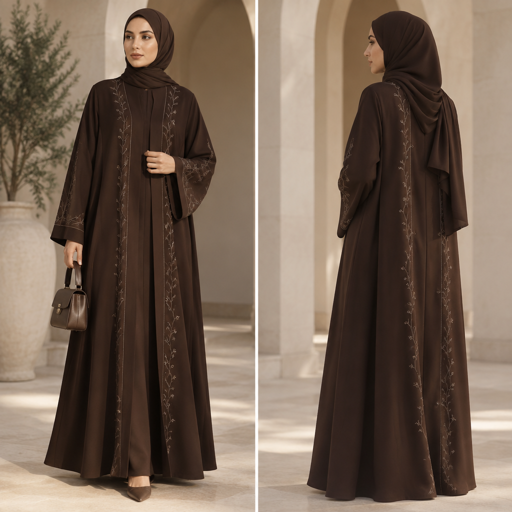A Abaya design, with modest, full coverage: longer hemlines, higher necklines and covered shoulders, suitable for Spring. IQ fashion aesthetics. Current season is Autumn in IQ. Present it as professional fashion catalogue photography: the garment is the subject, shown full-length with editorial styling, neutral posing and tasteful, non-suggestive framing.
photorealistic fashion design, A Abaya design, with modest, full coverage: longer hemlines, higher necklines and covered shoulders, suitable for Spring. IQ fashion aesthetics. Current season is Autumn in IQ. Present it as professional fashion catalogue photography: the garment is the subject, shown full-length with editorial styling, neutral posing and tasteful, non-suggestive framing., just the design no text