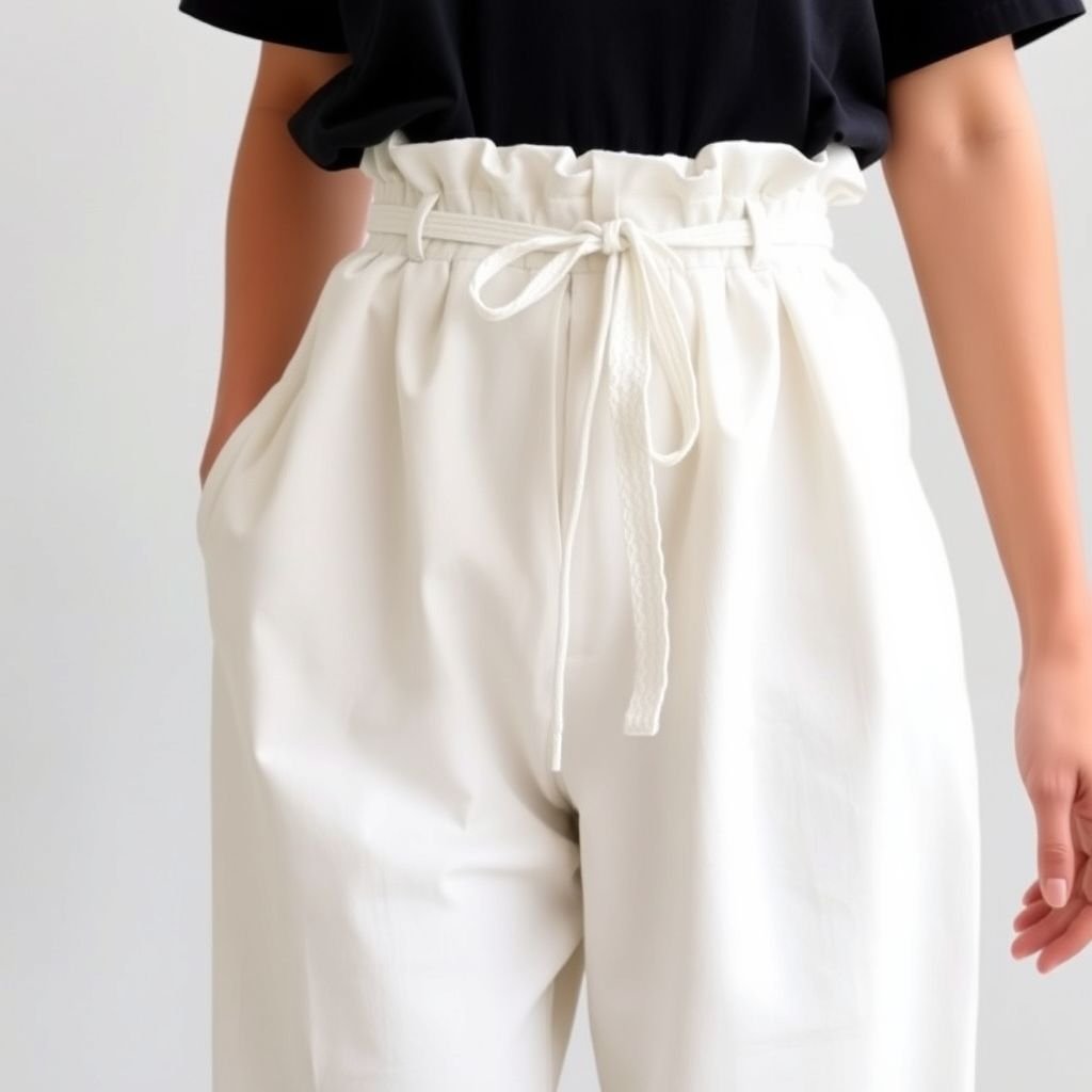 Padelefon Pants removal self tie lace belt cotton light
Design a pair of minimalist Padelefon Pants, featuring a streamlined silhouette in soft, breathable cotton. Incorporate a delicate self-tie lace belt that subtly cinches the waist, allowing for easy adjustments. The pants should exude simplicity, with clean lines and neutral tones, ensuring effortless versatility in any minimalist wardrobe.