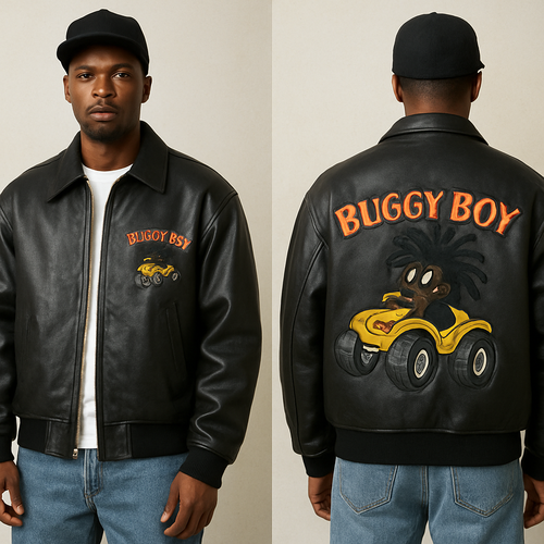 Black man wearing Buggy boy leather jacket in 90’s fashion street wear with a black cartoon character with dreads in a dune buggy 
