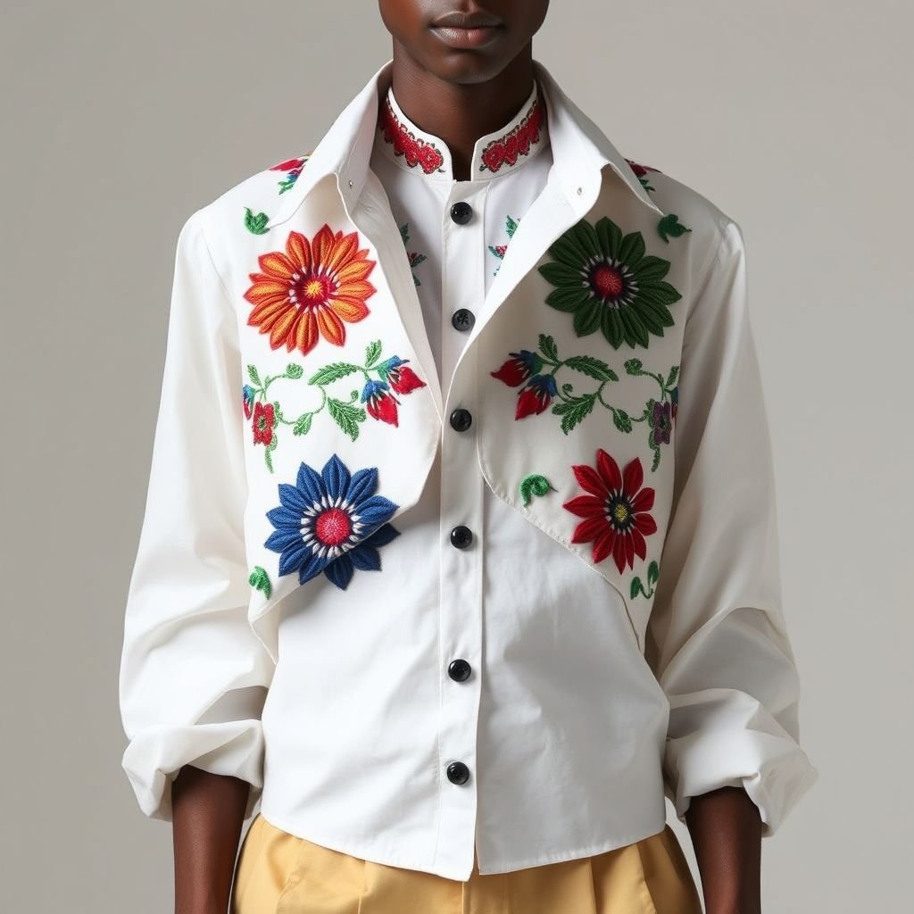 I’m Mati shirt with Mao collar is composed of two asymmetrical flaps. In white poplin, it's adorned with one of our flagship motifs, La Bibliothèque, customized this season to make it our colorist's library. Itsen, Goethe... the great color treatises are all here. This piece has been printed and then hand-embroidered in touches on the front. This delicate embroidery adds volume.
Introducing the "Mati Mao," an avant-garde shirt where tradition meets contemporary flair. Crafted from crisp white poplin, the asymmetrical flaps unveil an artistic library of color theory, featuring intricate motifs inspired by literary greats. Hand-embroidered accents elevate the textile narrative, creating a visually rich tapestry that celebrates intellectual elegance and artistry.