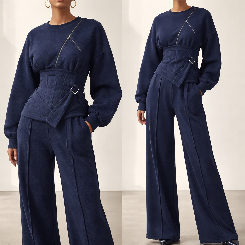 “Design a high-quality navy blue coordinated sweatshirt and wide-leg pants set suitable for spring. The set is made from a lightweight yet premium soft fabric with breathable properties, ensuring comfort without heaviness.
The sweatshirt features a built-in corset silhouette with a visible front zipper, crafted from flexible, non-rigid material. It includes an asymmetric wrap detail at the waist, secured with a minimal buckle, creating a refined and fashion-forward look. Subtle raised seam lines in the same navy tone add structure and depth.
The matching pants are wide-leg with a clean hem, no elastic at the ankles, designed for a fluid and elevated silhouette. The pants share the same fabric and raised seam detailing, emphasizing quality, tailoring, and a modern luxury athleisure aesthetic.”
Design a navy blue French terry coordinated sweatshirt and wide-leg pants. The sweatshirt is a relaxed fit with corset detail, exposed zipper, and asymmetric wrap with buckle. It has raised seams. The pants are wide-leg with a fluid cut and raised seams.