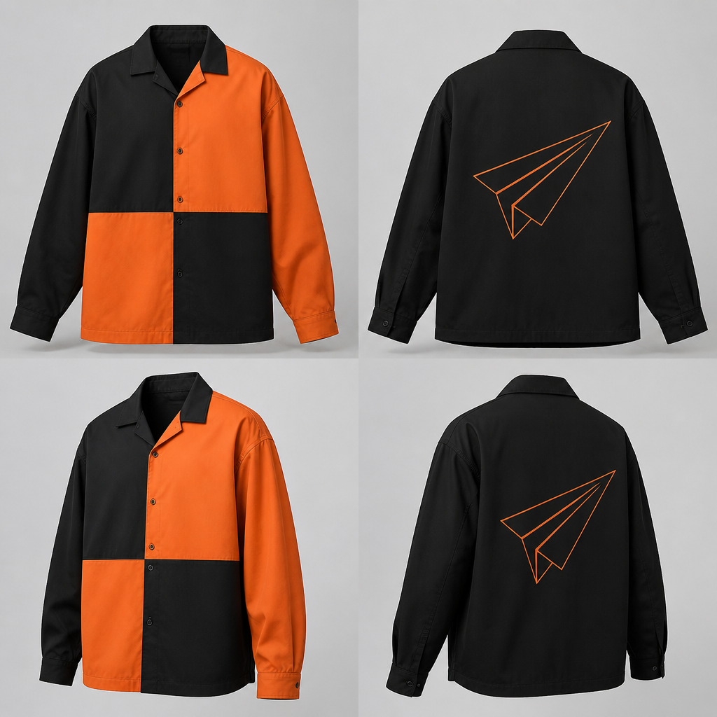 A Male Top design, suitable for Winter, in Streetwear style. a camp shirt, with a black collar, black and orange front panels, right top and left bottom panel, black. left top and right bottom panel, orange. back black panel with a an orange paper plane frame design, on the centre. ZW fashion aesthetics.
photorealistic fashion design, A Male Top design, suitable for Winter, in Streetwear style. a camp shirt, with a black collar, black and orange front panels, right top and left bottom panel, black. left top and right bottom panel, orange. back black panel with a an orange paper plane frame design, on the centre. ZW fashion aesthetics., streetwear style, just the design no text