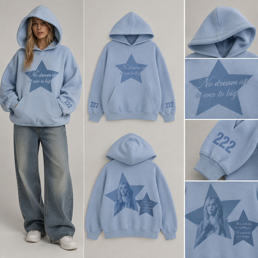 Erstell mir ein bild von einem baby blauen puff Hoodie. Der Hoodie soll eine große kaputze haben die an den Seiten wenn man sie auf hat eine leichte Art von einer Pilz Form hat. An den Ärmel stehen in digitale zahlen design die Nummer 222 klein und der Hoodie hat vorne eine Känguru Tasche. Darüber ist ein Mittel großer Stern in einem dunkleren blau und darin steht in sehr hellen blau 'No dream ist ever to big' in Schnörkel Schrift. Auf der Rückseite des Hoodie ist ein großer Stern und daneben ein kleinerer. Im großen Stern sieht man Freya Skye von ihrem letzten song Bad Taste. Und im kleinen Stern steht jeweils 'Im a sucker for a pretty face' und etwas darunter steht 'Im a sucker for a mistake'. Germany fashion aesthetics. Present it as professional fashion catalogue photography: the garment is the subject, shown full-length with editorial styling, neutral posing and tasteful, non-suggestive framing.
photorealistic fashion design, Erstell mir ein bild von einem baby blauen puff Hoodie. Der Hoodie soll eine große kaputze haben die an den Seiten wenn man sie auf hat eine leichte Art von einer Pilz Form hat. An den Ärmel stehen in digitale zahlen design die Nummer 222 klein und der Hoodie hat vorne eine Känguru Tasche. Darüber ist ein Mittel großer Stern in einem dunkleren blau und darin steht in sehr hellen blau 'No dream ist ever to big' in Schnörkel Schrift. Auf der Rückseite des Hoodie ist ein großer Stern und daneben ein kleinerer. Im großen Stern sieht man Freya Skye von ihrem letzten song Bad Taste. Und im kleinen Stern steht jeweils 'Im a sucker for a pretty face' und etwas darunter steht 'Im a sucker for a mistake'. Germany fashion aesthetics. Present it as professional fashion catalogue photography: the garment is the subject, shown full-length with editorial styling, neutral posing and tasteful, non-suggestive framing., just the design no text