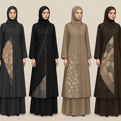 Create a modest two piece abaya, first of its kind, featuring a unique stone design that exudes a classy and sophisticated vibe. I'd like four designs, each showcasing different styles and fabrics. Incorporate high-end, unique chic stone designs to make them truly special. Add little sophisticated stone designs. Make it irresistible!