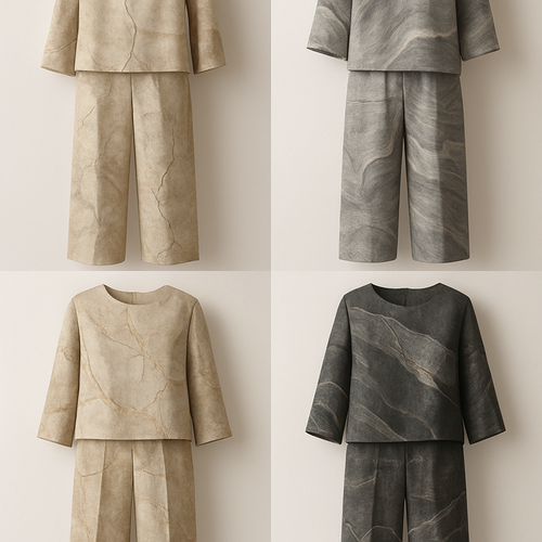 Create a modest two-piece linen set, pant and top the first of its kind, featuring a unique stone design that exudes a classy and sophisticated vibe. I’d like four designs, each showcasing different styles and fabrics. Incorporate high-end, unique chic stone designs to make them truly special. Add little sophisticated stone designs.