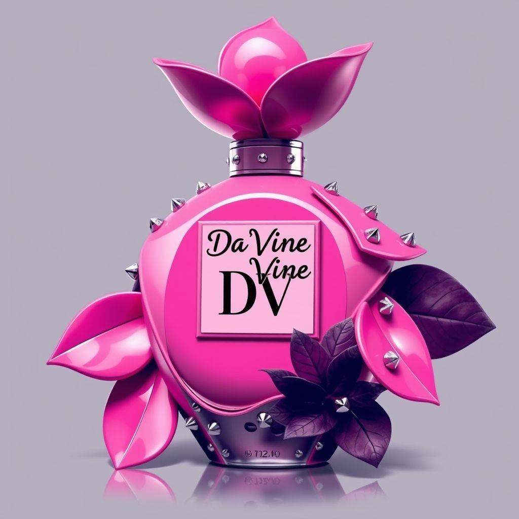 Pink with the name “Da’Vine” on it. With DV on it. Shape the bottle as a flower
Design an edgy, avant-garde fashion piece inspired by a striking pink fragrance bottle shaped like a flower, emblazoned with "Da’Vine" and bold "DV" initials. Envision a structured, asymmetric mini dress crafted from glossy vinyl, featuring sharp angles, metallic studs, and layered foliage details, merging floral femininity with urban grit.