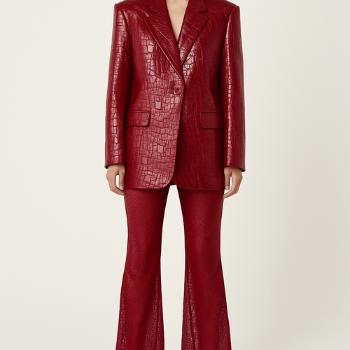 Can you make a leather oversized blazer crocodile print coming to the mid thigh in olive green with shoulder pads
Can you change it to high gloss shine and a lighter shade of olive and show it on a model with bare legs
Can you make the crocodile print more detailed and change the shade to a more shade green and pair it with the same colour mesh trousers
Can you change the colour to cherry red with matching mesh trousers that have a faint snake print design
Can you make the blazer more oversized and a deeper shade of red closer to wine and the trousers looser
Can you show the image in full length with mesh snakeskin flares