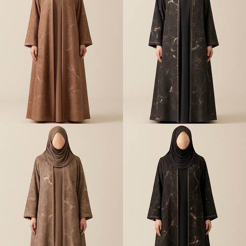 Create a modest two piece abaya, first of its kind, featuring a unique stone design that exudes a classy and sophisticated vibe. I'd like four designs, each showcasing different styles and fabrics. Incorporate high-end, unique chic stone designs to make them truly special. Add little sophisticated stone designs. Make it irresistible!