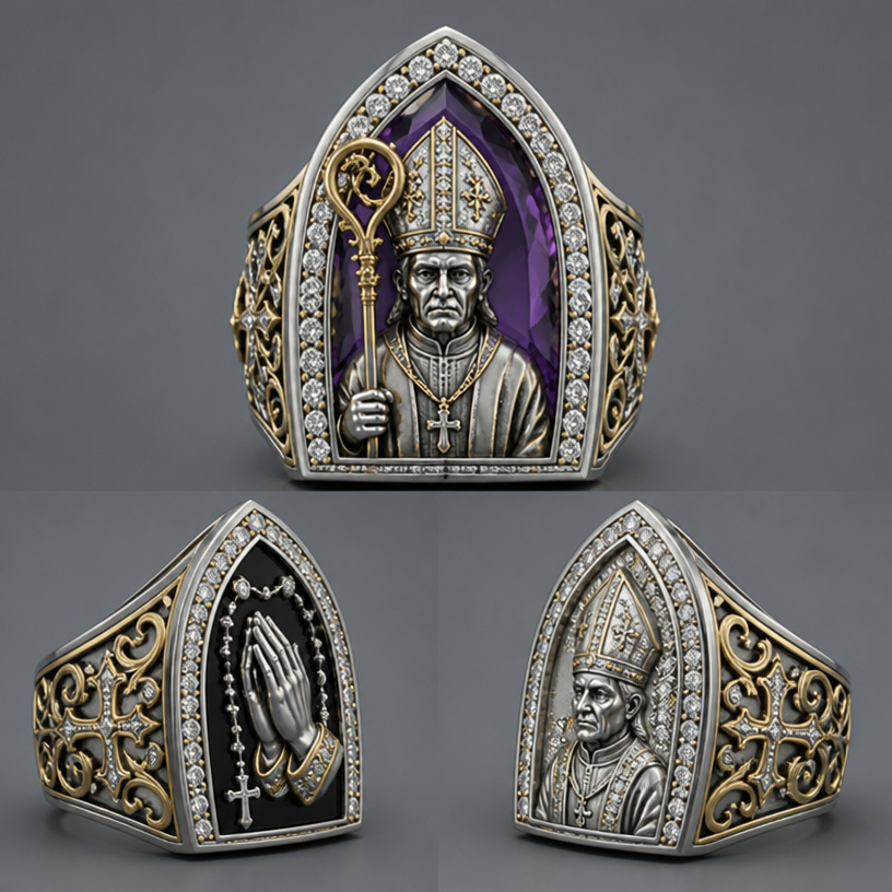 Bishop with a purple amethyst stone with big diamonds around , on the side black onyx background with diamonds with the praying hands and on the other side bishop with diamonds around
edit the attached fashion design with these instructions: Bishop with a purple amethyst stone with big diamonds around , on the side black onyx background with diamonds with the praying hands and on the other side bishop with diamonds around. keep it photorealistic, just the design no text