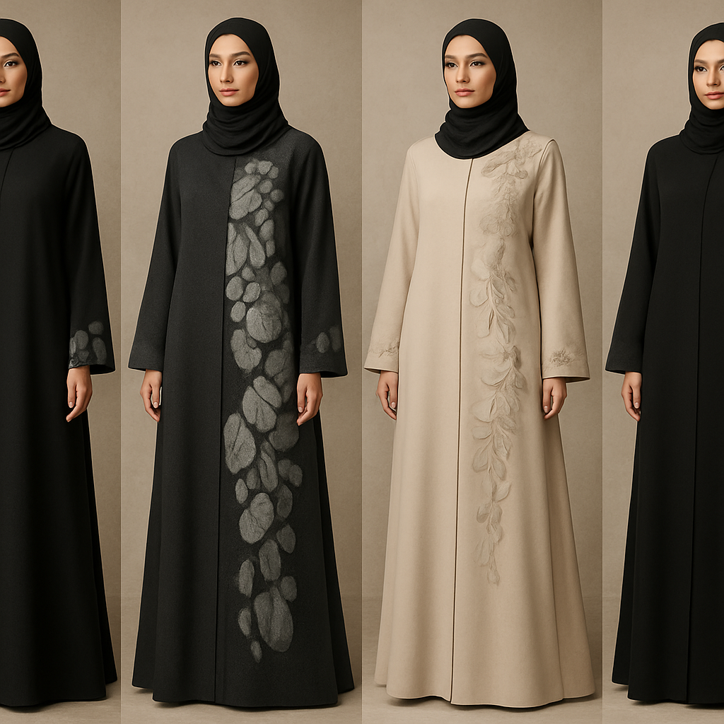 Create a modest chic abaya, the first of its kind, featuring a unique stone design that exudes a classy and sophisticated vibe. I'd like four designs, each showcasing different styles and fabrics. Incorporate high-end, unique chic stone designs to make them truly special. Add little sophisticated stone designsa and some touch of elite flower design.

Create a modest chic abaya, the first of its kind, featuring a unique stone design that exudes a classy and sophisticated vibe. I'd like four designs, each showcasing different styles and fabrics. Incorporate high-end, unique chic stone designs to make them truly special. Add little sophisticated stone designsa and some touch of elite flower design.