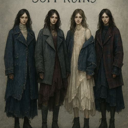 A winter fashion collection called "Soft
Ruins" — inspired by the contrast between roughness and poetry.
The aesthetic combines grunge and delicate femininity: raw denim textures, distressed seams, visible hand-stitching, and rough layering mixed with lace, sheer fabrics, and soft light materials.
The mood is melancholic but elegant — like old architecture covered in frost, where decay meets beauty.
Use oversized silhouettes, asymmetric cuts, and layered details.
Main fabrics: denim, leather, lace, organza, wool, and plaid.
Color palette: deep indigo, graphite gray, ivory, burgundy, and touches of gold.
Style it as a poetic grunge winter collection
- emotional, textured, and softly dramatic.