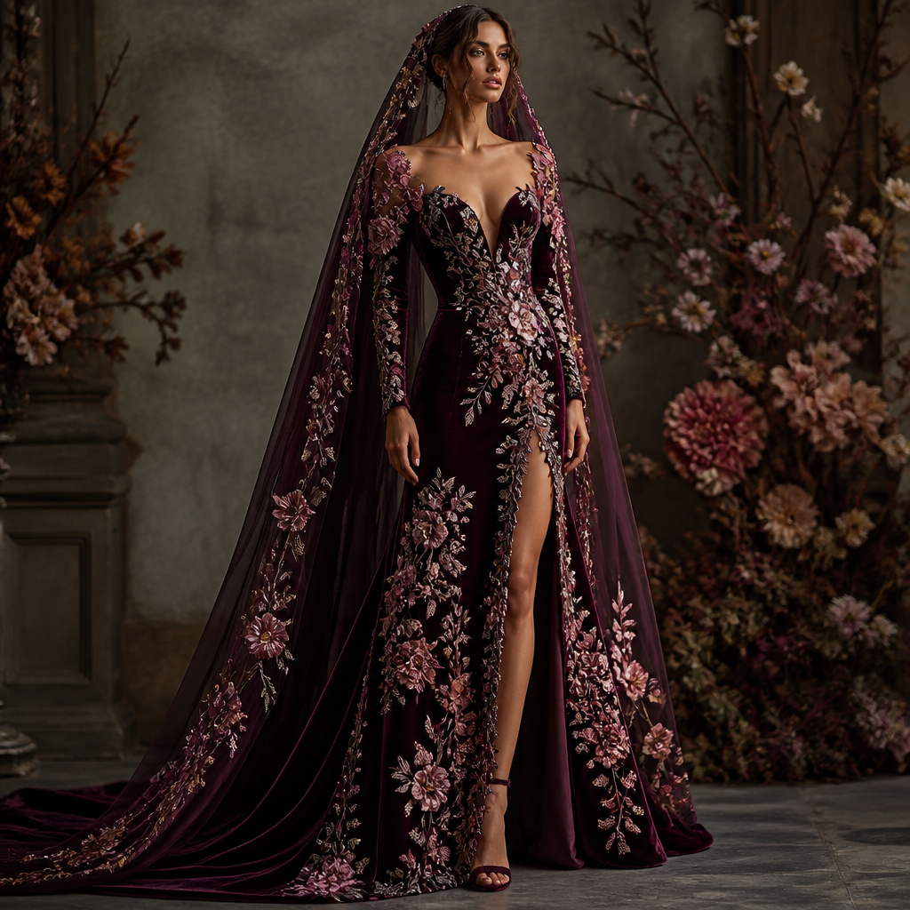 A Female Dress design, made of Velvet, for Formal, suitable for Fall, in Elegant style. A gorgeous fall wedding dress that's Diamond Jewel toned with gem apple blossoms all over it with a long velvet leasy vail sexy but for fall season
photorealistic fashion design, A Female Dress design, made of Velvet, for Formal, suitable for Fall, in Elegant style. A gorgeous fall wedding dress that's Diamond Jewel toned with gem apple blossoms all over it with a long velvet leasy vail sexy but for fall season, elegant style, just the design no text