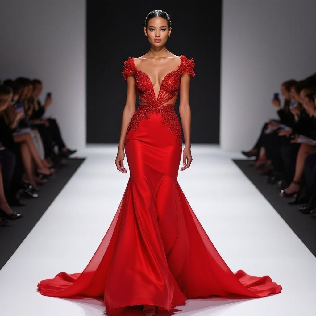 A haute couture evening gown crafted on a foundation of skin-toned sheer mesh, creating the illusion of bare skin. The bodice is snug and sculpted, clinging seductively to the figure with intricate fiery red crystal embellishments that shimmer like embers. From the waist downward, the gown transforms into a blazing spectacle—layers of translucent fabric, glowing gradients of crimson, scarlet, and molten orange, cascading as if the wearer is walking on living fire. Crystals and sequins catch the light like sparks, trailing behind with dramatic flair. The design embodies power, sensuality, and elegance—an ethereal vision of a woman wrapped in flames, both dangerous and divine, couture-level and runway ready
A haute couture evening gown in fiery red translucent silk, with a sculpted mermaid silhouette and a dramatic train. The sheer mesh bodice is embellished with red crystal.