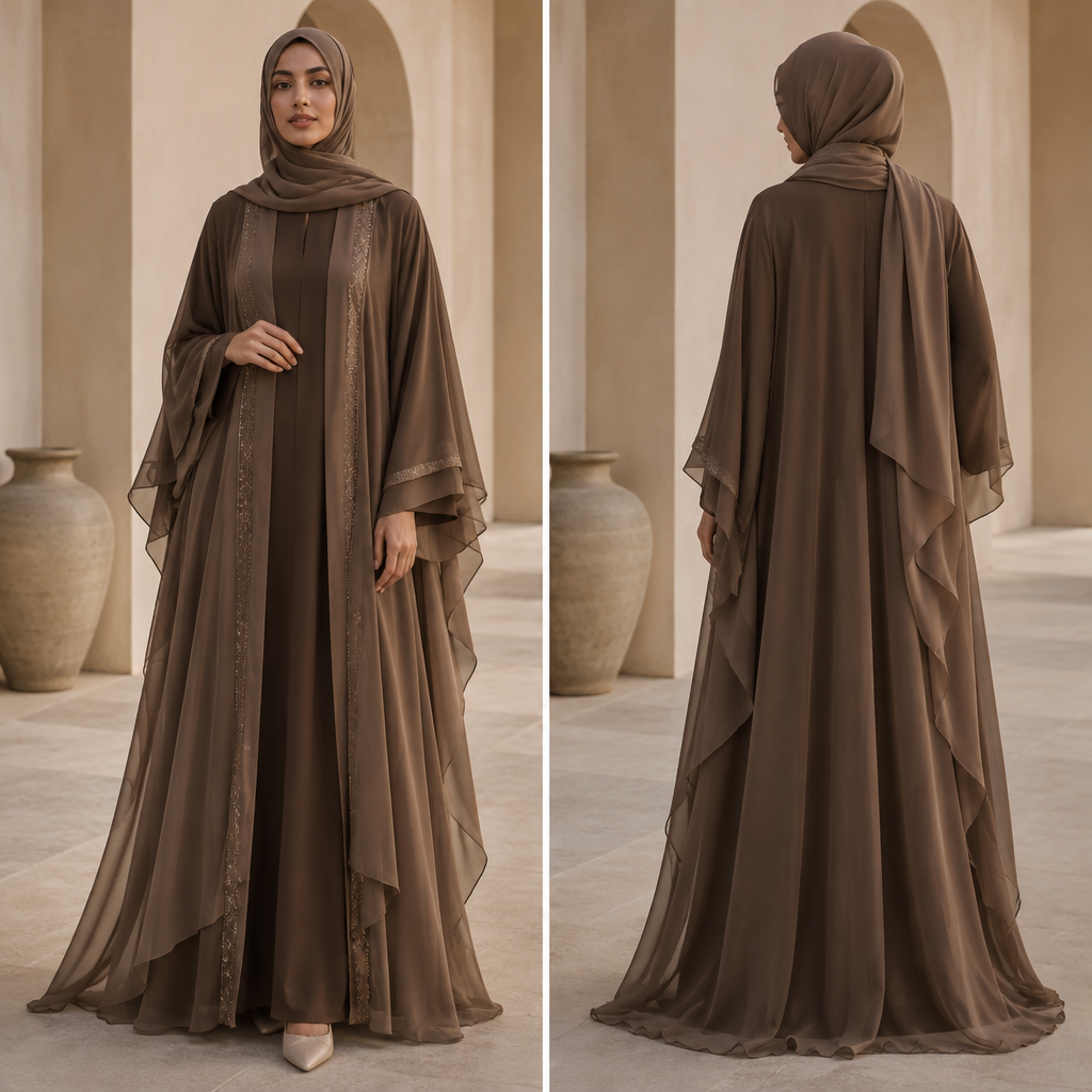 A Female Abaya design, made of Chiffon, with a Flared silhouette, with modest, full coverage: longer hemlines, higher necklines and covered shoulders, in an Earth Tones color palette, suitable for Fall, suited to a Temperate climate, shown on a model with medium skin tone and a slim figure. قماش شيفون. IQ fashion aesthetics. Present it as professional fashion catalogue photography: the garment is the subject, shown full-length with editorial styling, neutral posing and tasteful, non-suggestive framing.
photorealistic fashion design, A Female Abaya design, made of Chiffon, with a Flared silhouette, with modest, full coverage: longer hemlines, higher necklines and covered shoulders, in an Earth Tones color palette, suitable for Fall, suited to a Temperate climate, shown on a model with medium skin tone and a slim figure. قماش شيفون. IQ fashion aesthetics. Present it as professional fashion catalogue photography: the garment is the subject, shown full-length with editorial styling, neutral posing and tasteful, non-suggestive framing., just the design no text, show front and back