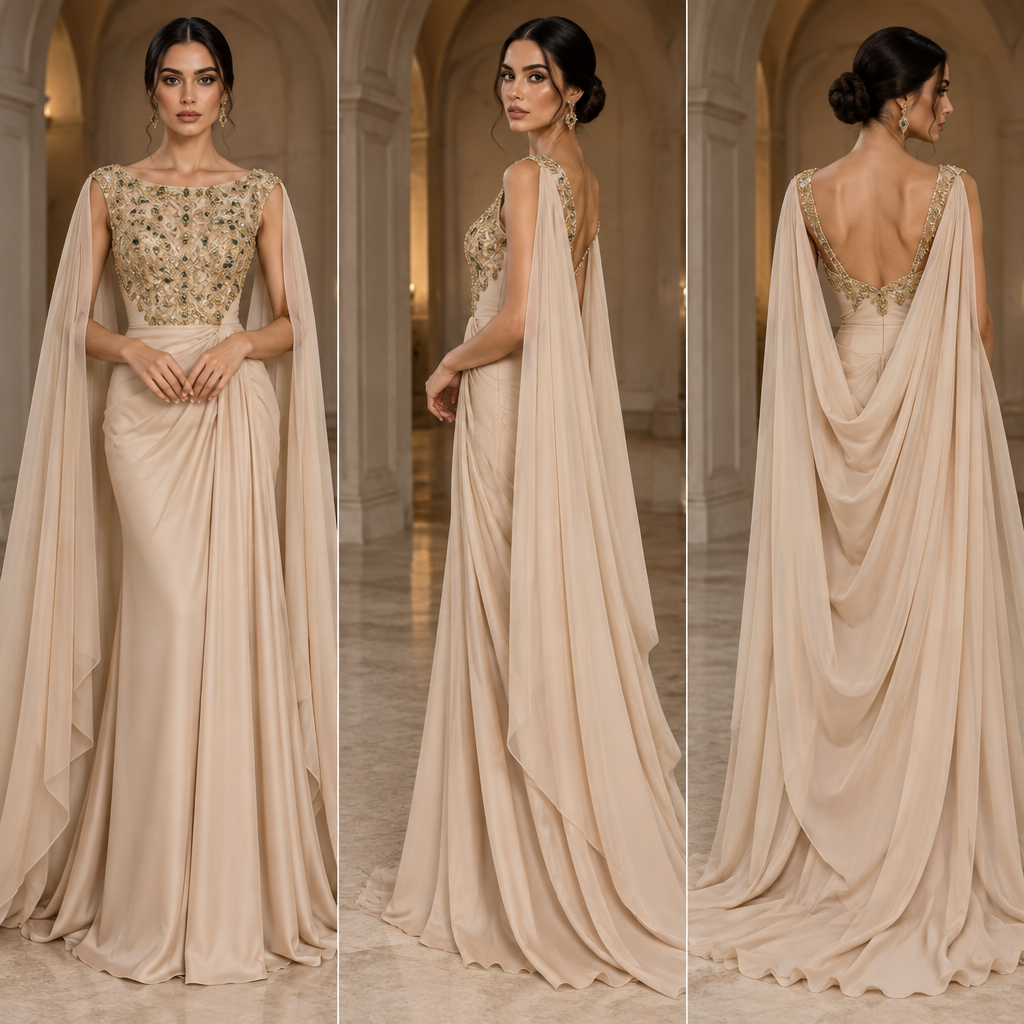 photorealistic fashion design, A Dress design. Robe de soire tissu foulard et des pierres precieuses
Le haut est brode avec un fil d or et des pierres precieuses et col bateau du devant et bretelle au dos
Le bas de la robe et serre sans brodre ni pierres precieuses un deuxième pieces de tissu couvre la première elle peut ette du foulard royal. Algeria fashion aesthetics. Present it as professional fashion catalogue photography: the garment is the subject, shown full-length with editorial styling, neutral posing and tasteful, non-suggestive framing., just the design no text. Refinement: Unfier la couleur de la piece de foulard
photorealistic fashion design, photorealistic fashion design, A Dress design. Robe de soire tissu foulard et des pierres precieuses
Le haut est brode avec un fil d or et des pierres precieuses et col bateau du devant et bretelle au dos
Le bas de la robe et serre sans brodre ni pierres precieuses un deuxième pieces de tissu couvre la première elle peut ette du foulard royal. Algeria fashion aesthetics. Present it as professional fashion catalogue photography: the garment is the subject, shown full-length with editorial styling, neutral posing and tasteful, non-suggestive framing., just the design no text. Refinement: Unfier la couleur de la piece de foulard , just the design no text