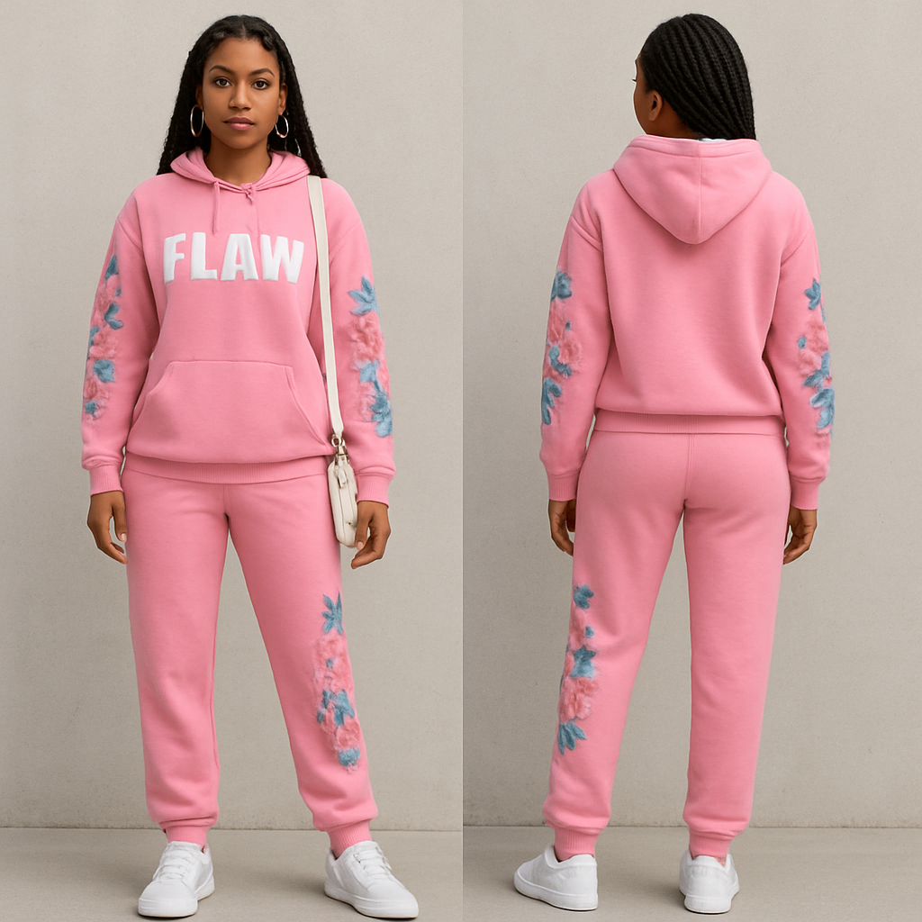 A pink jogging suit with the word FLAW on the hoodie and the jogging pants with flowers as a design flowers on the hoodie sleeves a gold chain and gold hoop earrings and Nike shoes and box braids white cross body purse
A pink jogging suit with the word FLAW on the hoodie and the jogging pants with flowers as a design flowers on the hoodie sleeves a gold chain and gold hoop earrings and Nike shoes and box braids white cross body purse , streetwear style, show front and back