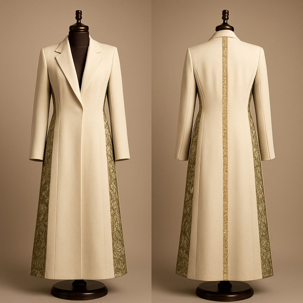 (structured blazer abaya).
photorealistic, English)
"Photorealistic full-length photograph of an ankle-length ivory-cream blazer-style abaya on a luxurious dark polished wooden mannequin with a brass neck cap. The abaya has a structured blazer silhouette: slightly padded shoulders, notched lapels, single hidden hook closure at waist, and tailored vertical seams for a clean fitted look. External Kashmiri jacquard panels (olive with subtle white motifs) are sewn on the outer edge of long side slits running from wiast to ankle. Matte gold Najdi geometric embroidery traces the outer edge of each Kashmiri panel and forms a centered vertical stripe 5–6 cm wide from nape to ankle. Fabrics: lightweight crepe/silk-blend body, Kashmiri jacquard panels, lightweight viscose lining. Styling: dark polished wooden mannequin, brass neck cap, warm studio lighting, neutral background, full-length view showing lapels, side panels and back stripe, high-detail texture, 4k resolution. Negative: no text, no watermark, no extra props."
"Ivory-cream ankle blazer-style abaya on dark wooden mannequin — notched lapels, structured shoulders, hidden waist closure, olive-white Kashmiri outer side panels underarm-to-ankle, gold Najdi embroidery along panel edges and 5–6 cm back stripe, photorealistic, studio light, full-length."
(structured blazer abaya).
photorealistic, English)
"Photorealistic full-length photograph of an ankle-length ivory-cream blazer-style abaya on a luxurious dark polished wooden mannequin with a brass neck cap. The abaya has a structured blazer silhouette: slightly padded shoulders, notched lapels, single hidden hook closure at waist, and tailored vertical seams for a clean fitted look. External Kashmiri jacquard panels (olive with subtle white motifs) are sewn on the outer edge of long side slits running from wiast to ankle. Matte gold Najdi geometric embroidery traces the outer edge of each Kashmiri panel and forms a centered vertical stripe 5–6 cm wide from nape to ankle. Fabrics: lightweight crepe/silk-blend body, Kashmiri jacquard panels, lightweight viscose lining. Styling: dark polished wooden mannequin, brass neck cap, warm studio lighting, neutral background, full-length view showing lapels, side panels and back stripe, high-detail texture, 4k resolution. Negative: no text, no watermark, no extra props."
"Ivory-cream ankle blazer-style abaya on dark wooden mannequin — notched lapels, structured shoulders, hidden waist closure, olive-white Kashmiri outer side panels underarm-to-ankle, gold Najdi embroidery along panel edges and 5–6 cm back stripe, photorealistic, studio light, full-length.", show front and back