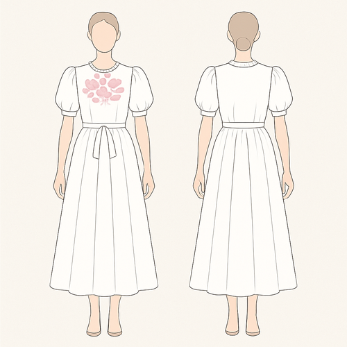 White frock with round neck with frill and puff short hand frock full length with box pleated pink color flowers in the front chest and add a belt in the stomach