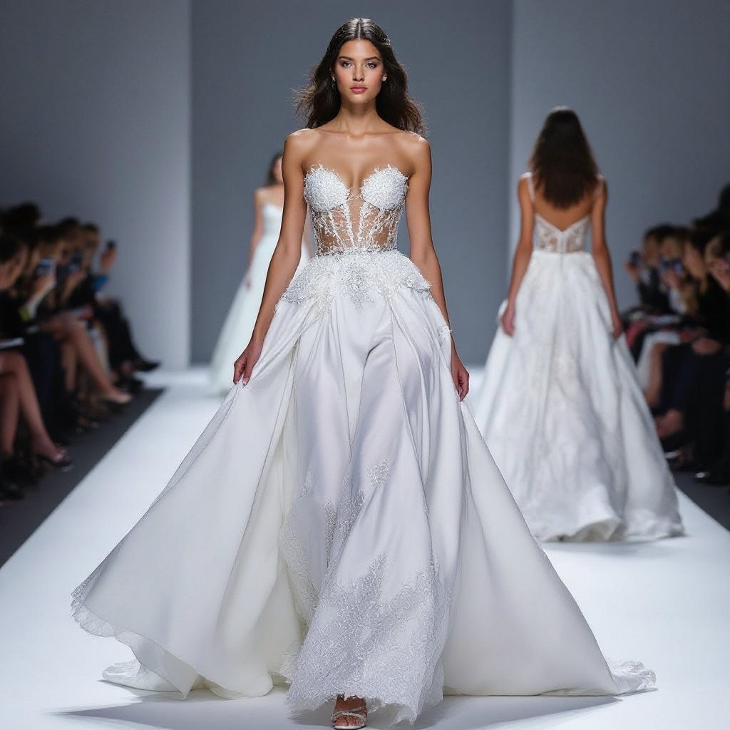 Make a long dress , skirt must be silk and very long, up must be corset with full of crystals , you can add a lace , in georges hobeika style but make it original and not like his
Long silk dress with a full, flowing skirt. The bodice is a crystal-embellished corset with delicate lace accents.