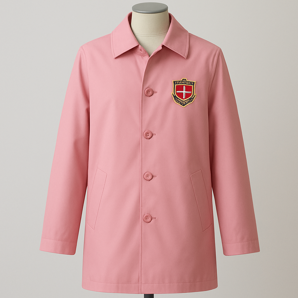جاكيت مطري وردي
متوسط الطول  طوله إلى نصف الفخذ
على الجهة اليسرى من الصدر شعار مدرسي

جاكيت مطري وردي
متوسط الطول  طوله إلى نصف الفخذ
على الجهة اليسرى من الصدر شعار مدرسي, formal style