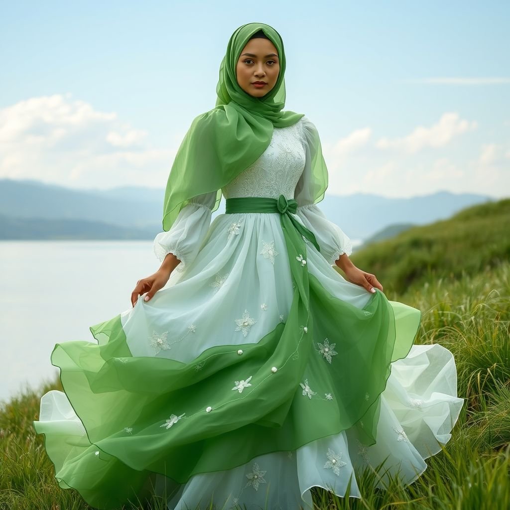 Re design this dress with green and white Only the design part but add little design to it cuz as u know the design part is little so add little design to it.Make it more good than this and add little creativity to it to make good more than this and change the background of the girl who wears into grass and water something look like mountain. Make it with brown color girl model. And she is Muslim so make it with hijab. Make the hijab part touch of green with white colour
Create an enchanting princesscore dress featuring flowing layers of lush green and soft white fabrics, accented with delicate floral embroidery. The gown should have puff sleeves and a cinched waist, adorned with shimmering pearl details. Style a matching green and white hijab that drapes elegantly, complementing the Hindu-inspired landscape of verdant grass and serene waters with distant mountains, capturing a whimsical fairytale charm on a beautiful brown-skinned Muslim model.