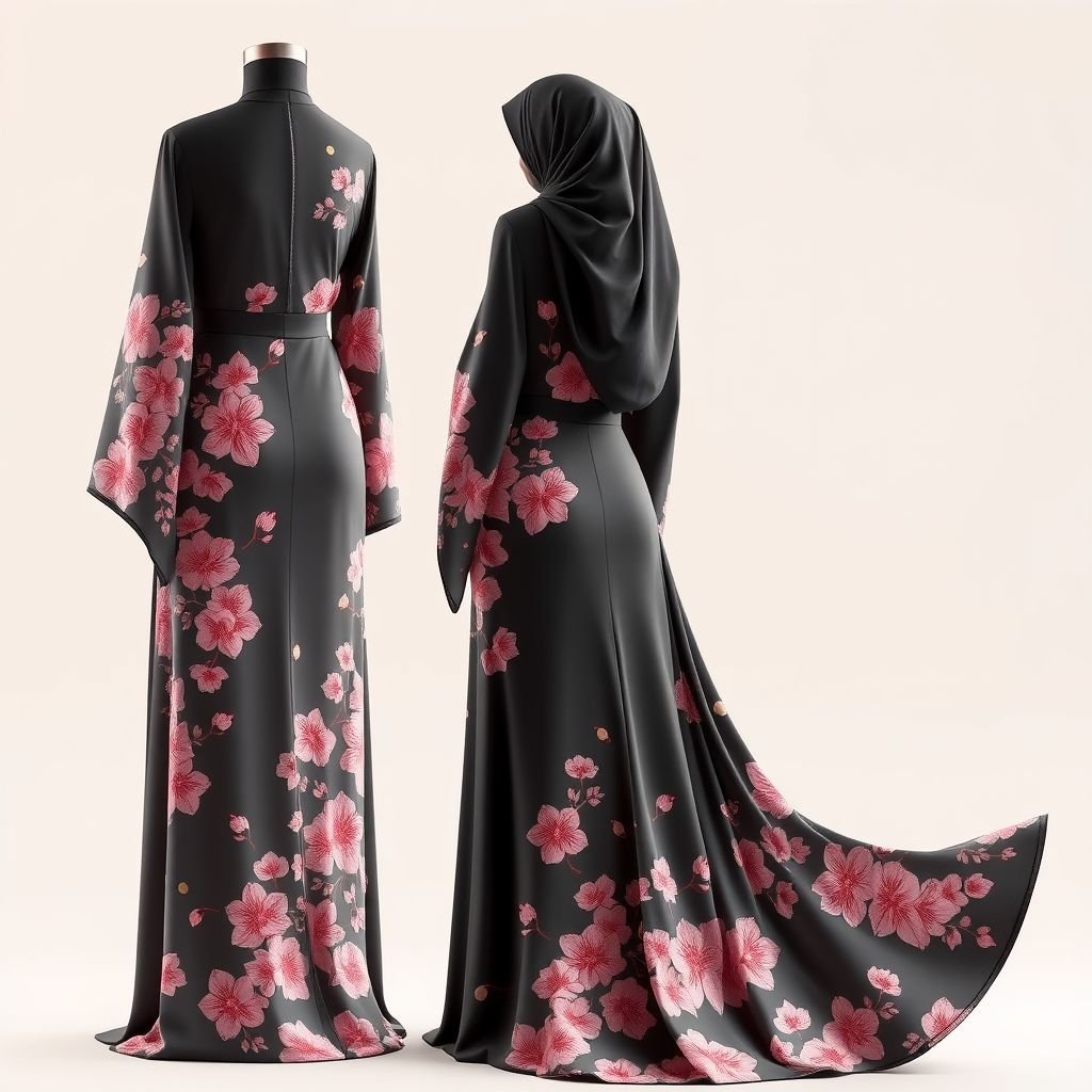 I want a modest dress that mix the Saudi and Japanese cultures pink details and cherry blossoms and little of gold circles ( no need for hijab)
Design a majestic feminincore dress blending Saudi and Japanese influences, featuring a flowing silhouette with intricate cherry blossom patterns and soft pink hues. Delicate gold circles embellish the fabric, reflecting elegance and femininity. The dress should gracefully drape, incorporating modest styling while celebrating cultural richness and the beauty of womanhood.