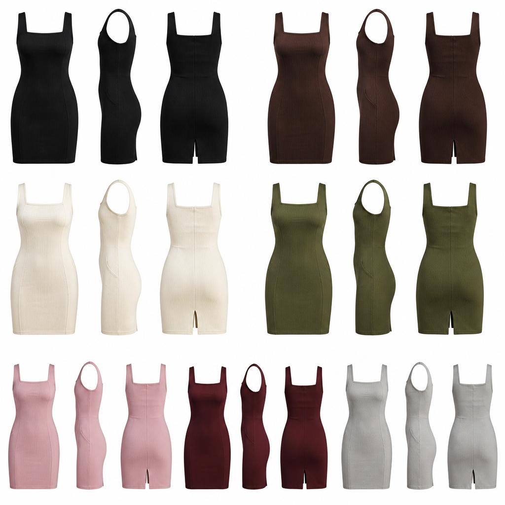 A Dress design, in Casual style. Design an original TRIO.AURA casual women's dress with a modern luxury streetwear aesthetic. Create a fitted above-the-knee dress with a square neckline, thick shoulder straps, and a flattering body-skimming silhouette. Use premium heavyweight ribbed cotton with a soft, stretchy feel for all-day comfort. Add subtle contour stitching to enhance the shape, a small embroidered TRIO.AURA logo on the upper chest, and a discreet TA monogram near the lower hem. Include hidden side pockets and a small back slit for ease of movement. Keep the design clean, minimal, and elegant with high-end stitching and premium finishes. Show front, back, and side views on a white background. Colorways: Jet Black, Chocolate Brown, Cream, Olive Green, Dusty Pink, Burgundy, and Stone Grey. The overall look should feel premium, timeless, and suitable for everyday casual wear.. South Africa fashion aesthetics.
photorealistic fashion design, A Dress design, in Casual style. Design an original TRIO.AURA casual women's dress with a modern luxury streetwear aesthetic. Create a fitted above-the-knee dress with a square neckline, thick shoulder straps, and a flattering body-skimming silhouette. Use premium heavyweight ribbed cotton with a soft, stretchy feel for all-day comfort. Add subtle contour stitching to enhance the shape, a small embroidered TRIO.AURA logo on the upper chest, and a discreet TA monogram near the lower hem. Include hidden side pockets and a small back slit for ease of movement. Keep the design clean, minimal, and elegant with high-end stitching and premium finishes. Show front, back, and side views on a white background. Colorways: Jet Black, Chocolate Brown, Cream, Olive Green, Dusty Pink, Burgundy, and Stone Grey. The overall look should feel premium, timeless, and suitable for everyday casual wear.. South Africa fashion aesthetics., casual style, just the design no text