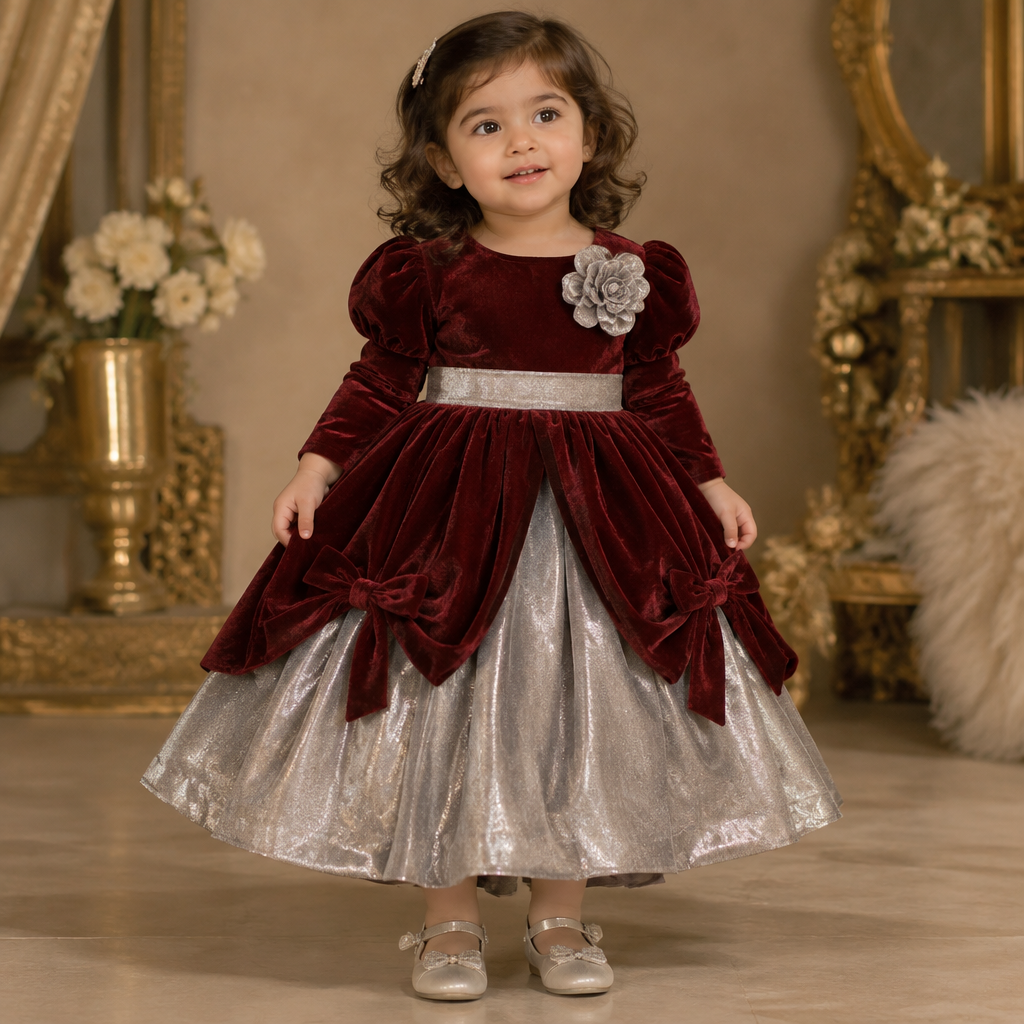 A Female Dress design, suitable for Fall. a 2 yr old frock with maroon body and silver under it with گھیر .... maroon stuff palachi and silver is moon light cloth....
make a bow of maroon cloth on silver گھیر and a flower of silver cloth on maroon body.... belt too. Pakistan fashion aesthetics. Present it as professional fashion catalogue photography: the garment is the subject, shown full-length with editorial styling, neutral posing and tasteful, non-suggestive framing.
photorealistic fashion design, A Female Dress design, suitable for Fall. a 2 yr old frock with maroon body and silver under it with گھیر .... maroon stuff palachi and silver is moon light cloth....
make a bow of maroon cloth on silver گھیر and a flower of silver cloth on maroon body.... belt too. Pakistan fashion aesthetics. Present it as professional fashion catalogue photography: the garment is the subject, shown full-length with editorial styling, neutral posing and tasteful, non-suggestive framing., just the design no text