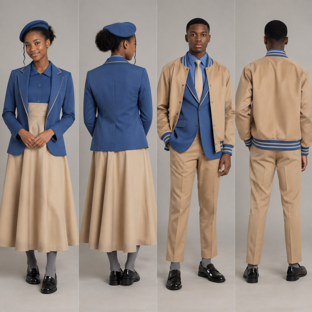 A Male Top design, with modest, full coverage: longer hemlines, higher necklines and covered shoulders, suitable for Spring. Design a light brown baseball jacket with blue accents. Light brown arms. Use black teenagers as models.
A fit flare dress top half blue and bottom half light brown, covering chest area completely, almost reaching ankles, a blue barrett and grey socks for the female.
A light brown trouser, reaching ankles, blue shirt, light brown tie and grey socks for the male.
Nice black school shoes for both. Both must have jacket. nice blue. South Africa fashion aesthetics. Present it as professional fashion catalogue photography: the garment is the subject, shown full-length with editorial styling, neutral posing and tasteful, non-suggestive framing.
photorealistic fashion design, A Male Top design, with modest, full coverage: longer hemlines, higher necklines and covered shoulders, suitable for Spring. Design a light brown baseball jacket with blue accents. Light brown arms. Use black teenagers as models.
A fit flare dress top half blue and bottom half light brown, covering chest area completely, almost reaching ankles, a blue barrett and grey socks for the female.
A light brown trouser, reaching ankles, blue shirt, light brown tie and grey socks for the male.
Nice black school shoes for both. Both must have jacket. nice blue. South Africa fashion aesthetics. Present it as professional fashion catalogue photography: the garment is the subject, shown full-length with editorial styling, neutral posing and tasteful, non-suggestive framing., just the design no text, show front and back