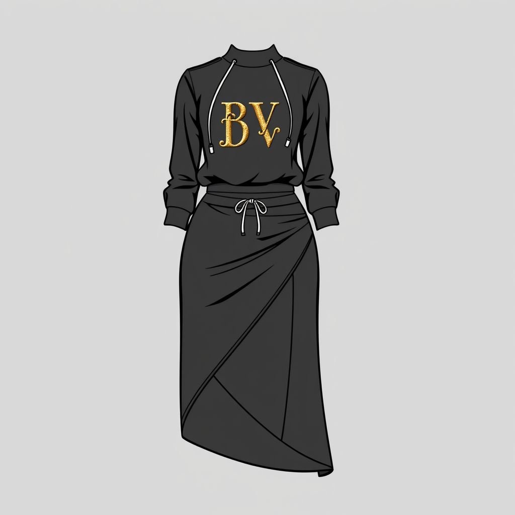Fancy, Different cut, Long Skirt set. Top and Bottom with drawstrings. Add “DV” up there
Design a sophisticated business ensemble featuring a fancy, asymmetrical long skirt set. The top, adorned with elegant drawstrings, showcases the letters “DV” embroidered in a luxurious font. The skirt flows gracefully below the knee, with a unique cut that adds a modern twist to classic business attire, perfect for the office or meetings.