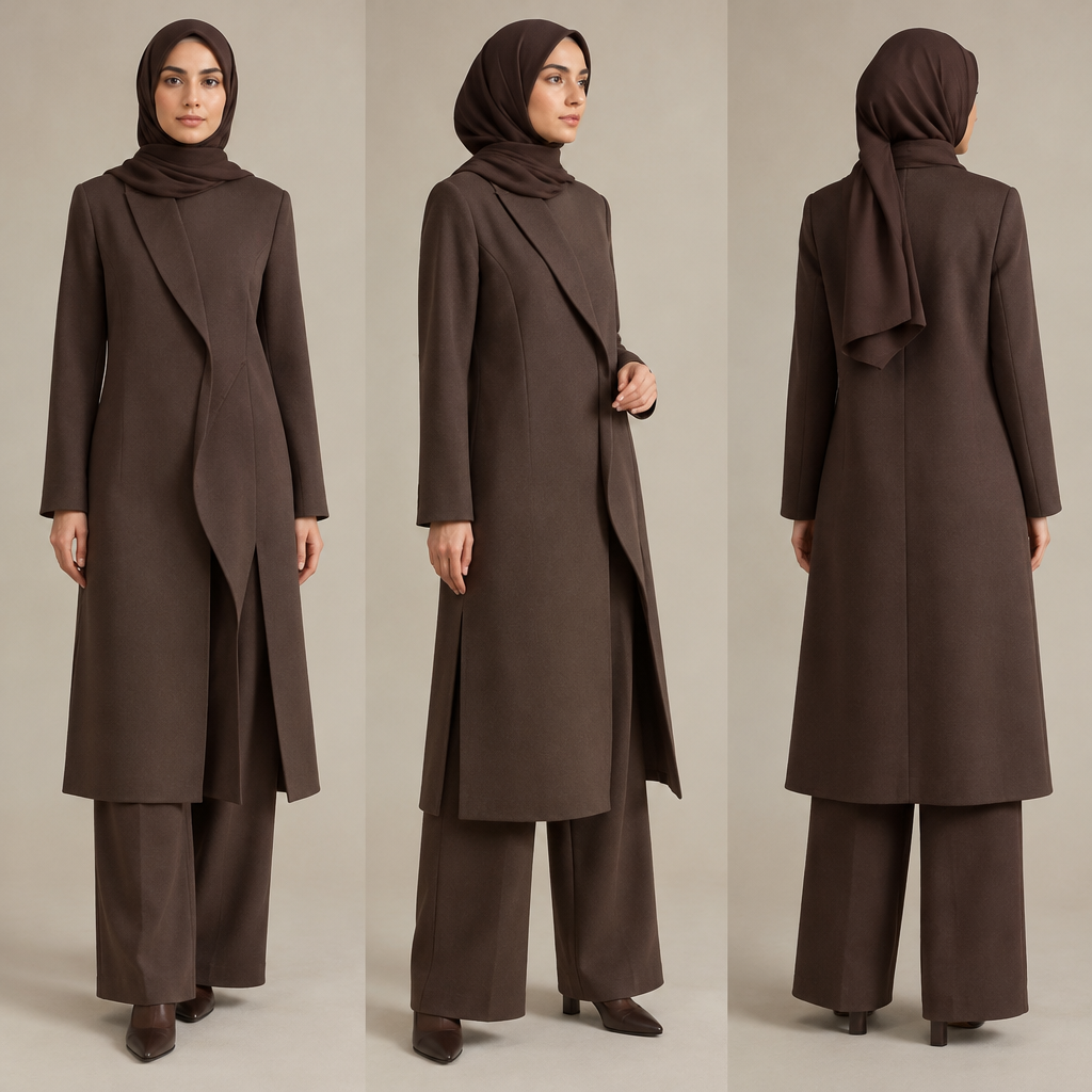 A Female Coat design, suitable for Fall. A modest long women's manteau (overcoat), length 110 cm. The front has artistic and unique cut-out slits on one or both sides. Made of plain, solid-color fabric with no embroidery, no prints, and no extra decorations. The design should look elegant and modern. Styled with a matching modest headscarf (maghnaeh) and loose-fitting pants (shalvar). Full-body fashion design illustration, front view. The headscarf should cover the hair fully and look modest. The pants should be loose and comfortable, not tight.. IR fashion aesthetics. Present it as professional fashion catalogue photography: the garment is the subject, shown full-length with editorial styling, neutral posing and tasteful, non-suggestive framing.
photorealistic fashion design, A Female Coat design, suitable for Fall. A modest long women's manteau (overcoat), length 110 cm. The front has artistic and unique cut-out slits on one or both sides. Made of plain, solid-color fabric with no embroidery, no prints, and no extra decorations. The design should look elegant and modern. Styled with a matching modest headscarf (maghnaeh) and loose-fitting pants (shalvar). Full-body fashion design illustration, front view. The headscarf should cover the hair fully and look modest. The pants should be loose and comfortable, not tight.. IR fashion aesthetics. Present it as professional fashion catalogue photography: the garment is the subject, shown full-length with editorial styling, neutral posing and tasteful, non-suggestive framing., just the design no text