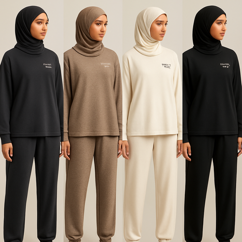 Create a revolutionary women's modest loose gym wear brand called "Modest Fleur". Display the brand name on the in a unique design on the upper right side, in small thick writing that exudes a classy and sophisticated vibe. I'd like four designs, each showcasing different styles and fabrics, with high-end, chic designs to make them truly special. Making it first design in the world 