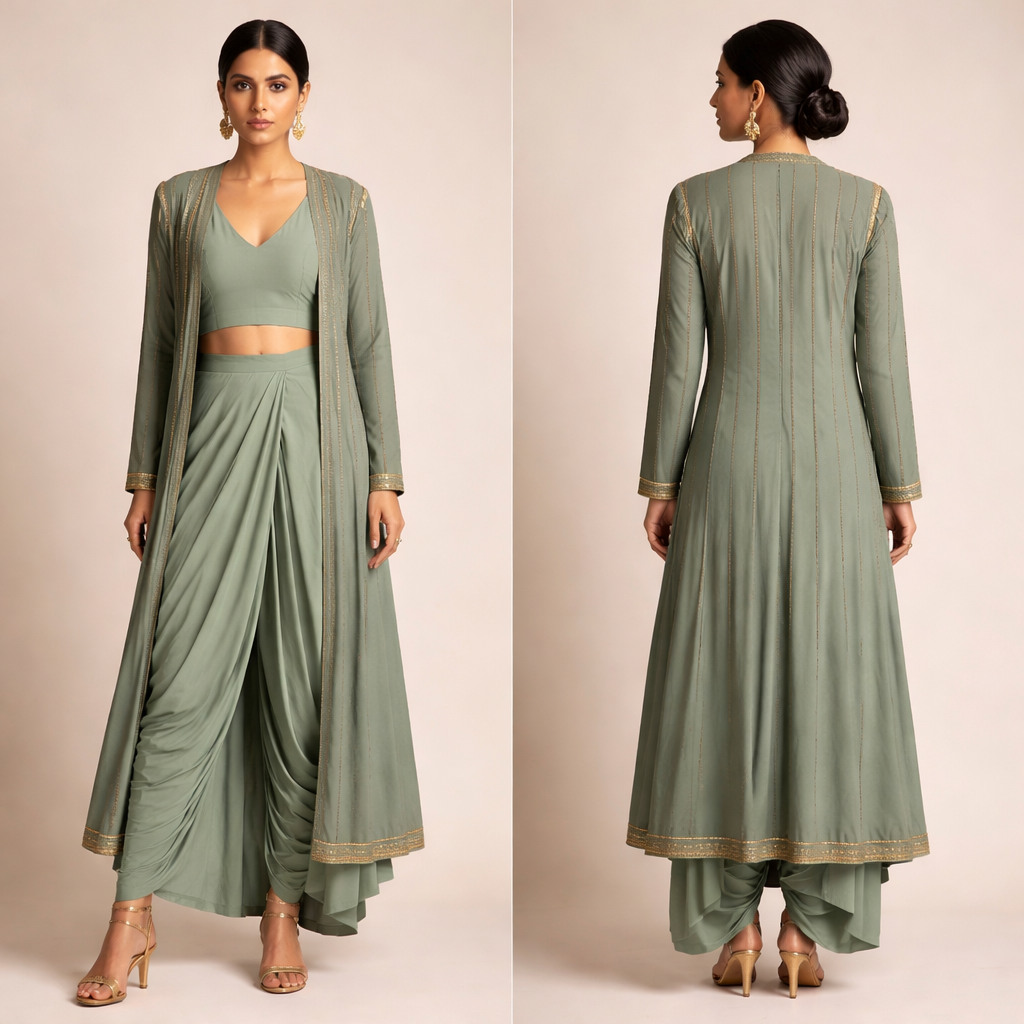 Dhoti: Matte sage georgette
Blouse: Same sage, V-neck
Jacket: Slightly deeper sage silk blend
Work:
• Vertical antique gold thread lines
• Light embroidery on shoulders
• Thin hem border only
This will make you look taller and balanced.
Dhoti: Matte sage georgette
Blouse: Same sage, V-neck
Jacket: Slightly deeper sage silk blend
Work:
• Vertical antique gold thread lines
• Light embroidery on shoulders
• Thin hem border only
This will make you look taller and balanced., show front and back
