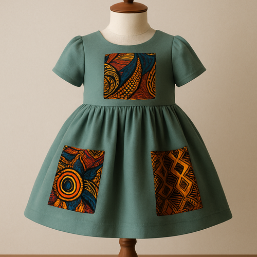 One of a kind Children’s dresses with good designs that look fabulous. Unique, and beautiful and made with beautiful plan colors and Ankara patches on it on showing on a mannequin. 