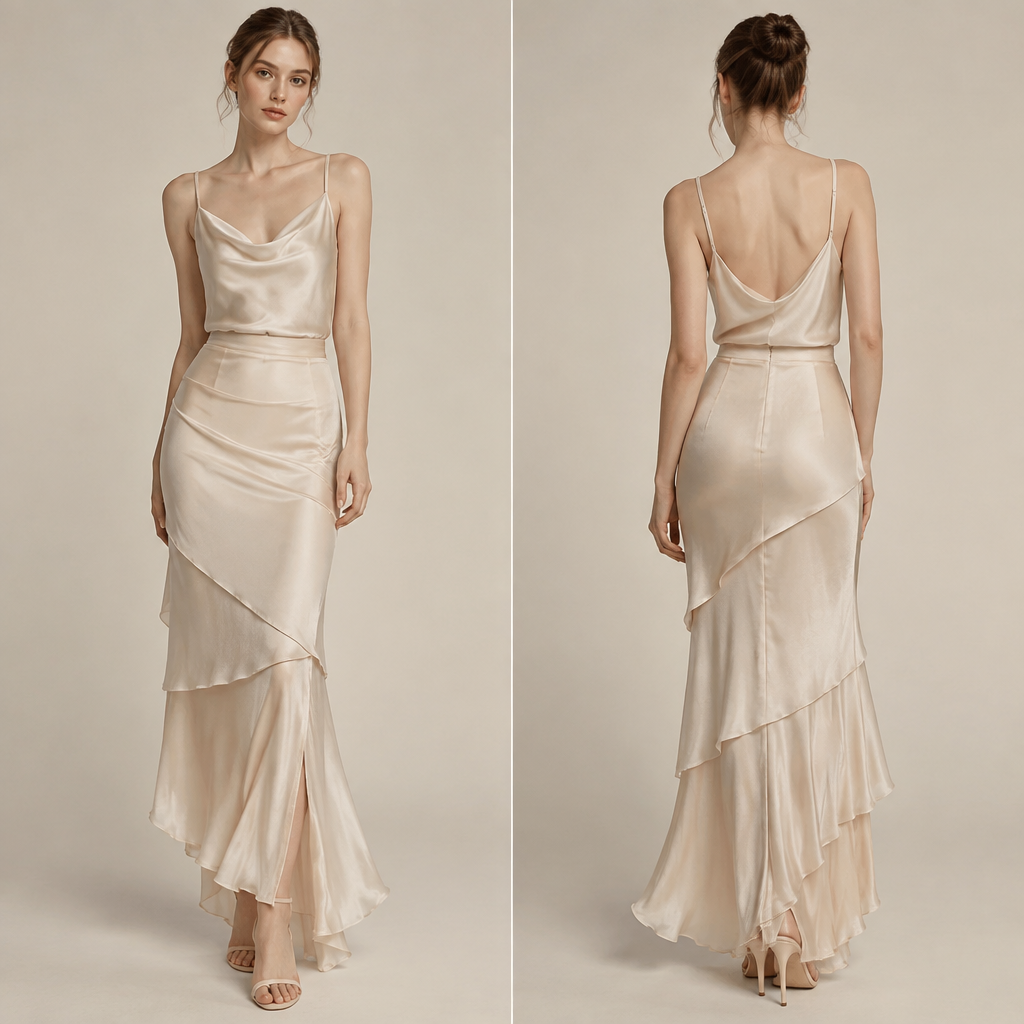 A Skirt design, made of Silk, with a light, flowing drape, with a Bodycon silhouette, styled in layers, for Casual, suitable for Spring, in Minimalist + Quiet Luxury + Silk style, shown on a model with fair skin and a petite figure. Russia fashion aesthetics. Present it as professional fashion catalogue photography: the garment is the subject, shown full-length with editorial styling, neutral posing and tasteful, non-suggestive framing.
photorealistic fashion design, A Skirt design, made of Silk, with a light, flowing drape, with a Bodycon silhouette, styled in layers, for Casual, suitable for Spring, in Minimalist + Quiet Luxury + Silk style, shown on a model with fair skin and a petite figure. Russia fashion aesthetics. Present it as professional fashion catalogue photography: the garment is the subject, shown full-length with editorial styling, neutral posing and tasteful, non-suggestive framing., minimalist style, just the design no text, show front and back