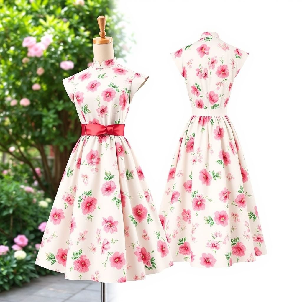 A line
Design a flowing A-line dress inspired by 1960s vintage fashion, featuring a high neckline and delicate cap sleeves. The fabric should be a pastel floral print, reminiscent of summer picnics. Add a cinched waist with a wide satin belt and a subtle tea-length hem for timeless elegance and classic charm.