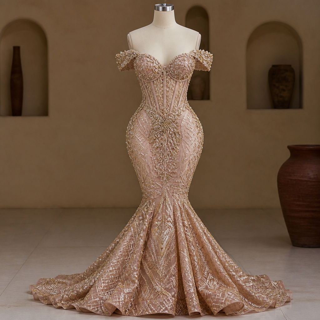 Can you dress with a mermaid skirt and engagement a Ghanaian engagement dress?
photorealistic fashion design, Can you dress with a mermaid skirt and engagement a Ghanaian engagement dress?, just the design no text