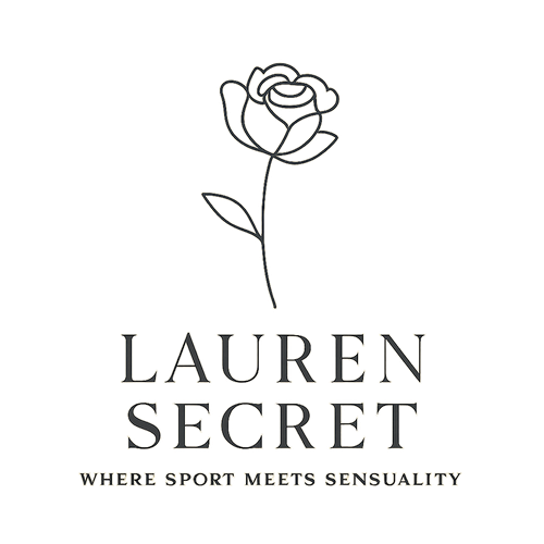 Logo design for a high-end women’s activewear brand named Lauren Secret. A single-line minimalist rose, elegant, delicate, and balanced. Thin linear style, no fill, black on a light beige background. Elegant serif typeface in all caps. Add the slogan “Where sport meets sensuality” underneath in smaller text. Aesthetic: luxury, refined, feminine, timeless, fashion-inspired