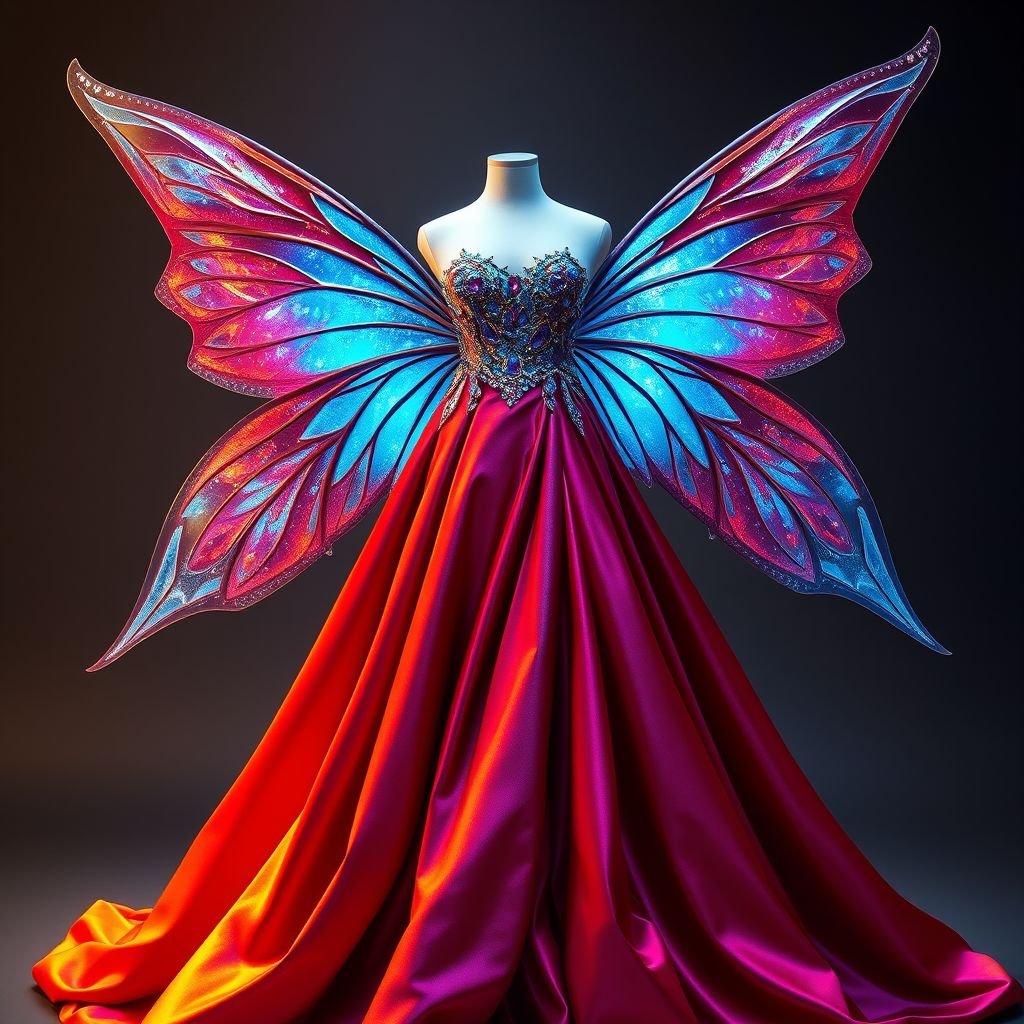 Her dress, which has big blue and red shiny and glittery wings behind it, will be the same blue and red but very shiny, long and with glittery glitter everywhere, just like a beautiful fairy
Envision a magical evening gown that shimmers like a starry night, draped in iridescent blue and fiery red fabrics. The bodice is sleek, adorned with cascading glitter and gemstone accents, while the voluminous skirt flows like liquid satin. Ethereal oversized wings, mirroring the dress's colors, flutter gracefully, creating a stunning fairy-like silhouette.