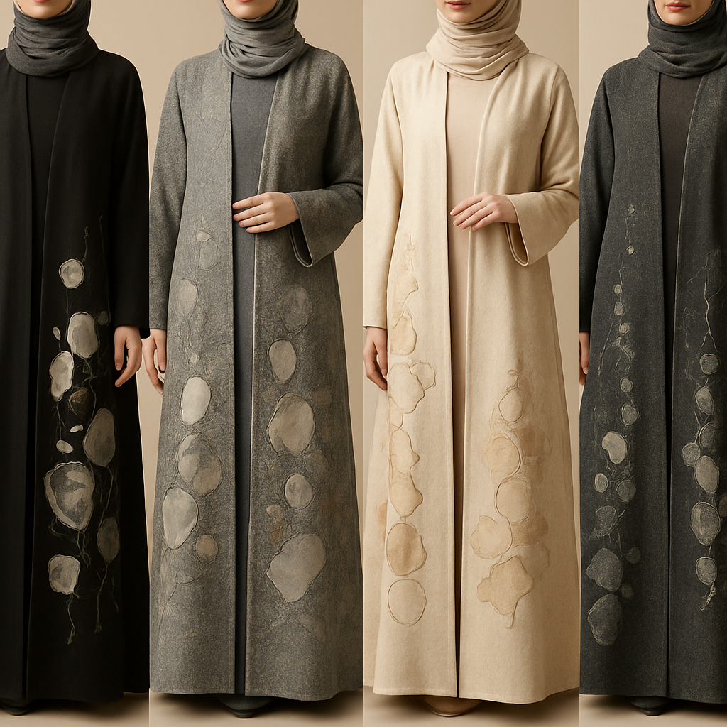 Create a modest two piece abaya, first of its kind, featuring a unique stone design that exudes a classy and sophisticated vibe. I'd like four designs, each showcasing different styles and fabrics. Incorporate high-end, unique chic stone designs to make them truly special. Add little sophisticated stone designs. Make it irresistible!

Create a modest two piece abaya, first of its kind, featuring a unique stone design that exudes a classy and sophisticated vibe. I'd like four designs, each showcasing different styles and fabrics. Incorporate high-end, unique chic stone designs to make them truly special. Add little sophisticated stone designs. Make it irresistible!