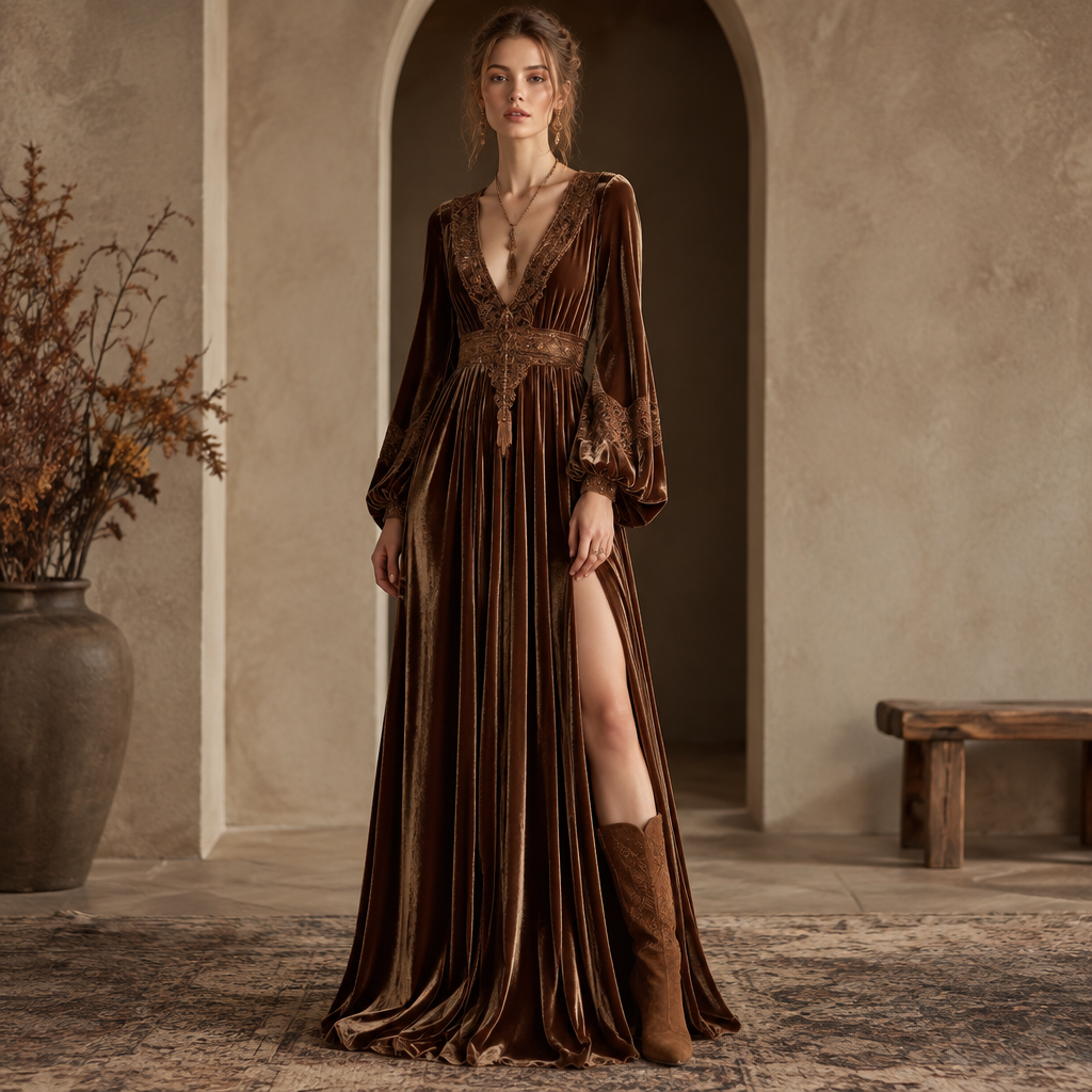 A Female Dress design, made of Velvet, with a soft, cosy hand, with a Relaxed silhouette, with a minimal-coverage cut, in an Earth Tones color palette, for Formal, suitable for Fall, suited to a Cold climate, in Luxury + Bohemian style, shown on a model with light skin and a slim figure Present it as professional fashion catalogue photography: the garment is the subject, shown full-length with editorial styling, neutral posing and tasteful, non-suggestive framing.
photorealistic fashion design, A Female Dress design, made of Velvet, with a soft, cosy hand, with a Relaxed silhouette, with a minimal-coverage cut, in an Earth Tones color palette, for Formal, suitable for Fall, suited to a Cold climate, in Luxury + Bohemian style, shown on a model with light skin and a slim figure Present it as professional fashion catalogue photography: the garment is the subject, shown full-length with editorial styling, neutral posing and tasteful, non-suggestive framing., luxury style, just the design no text