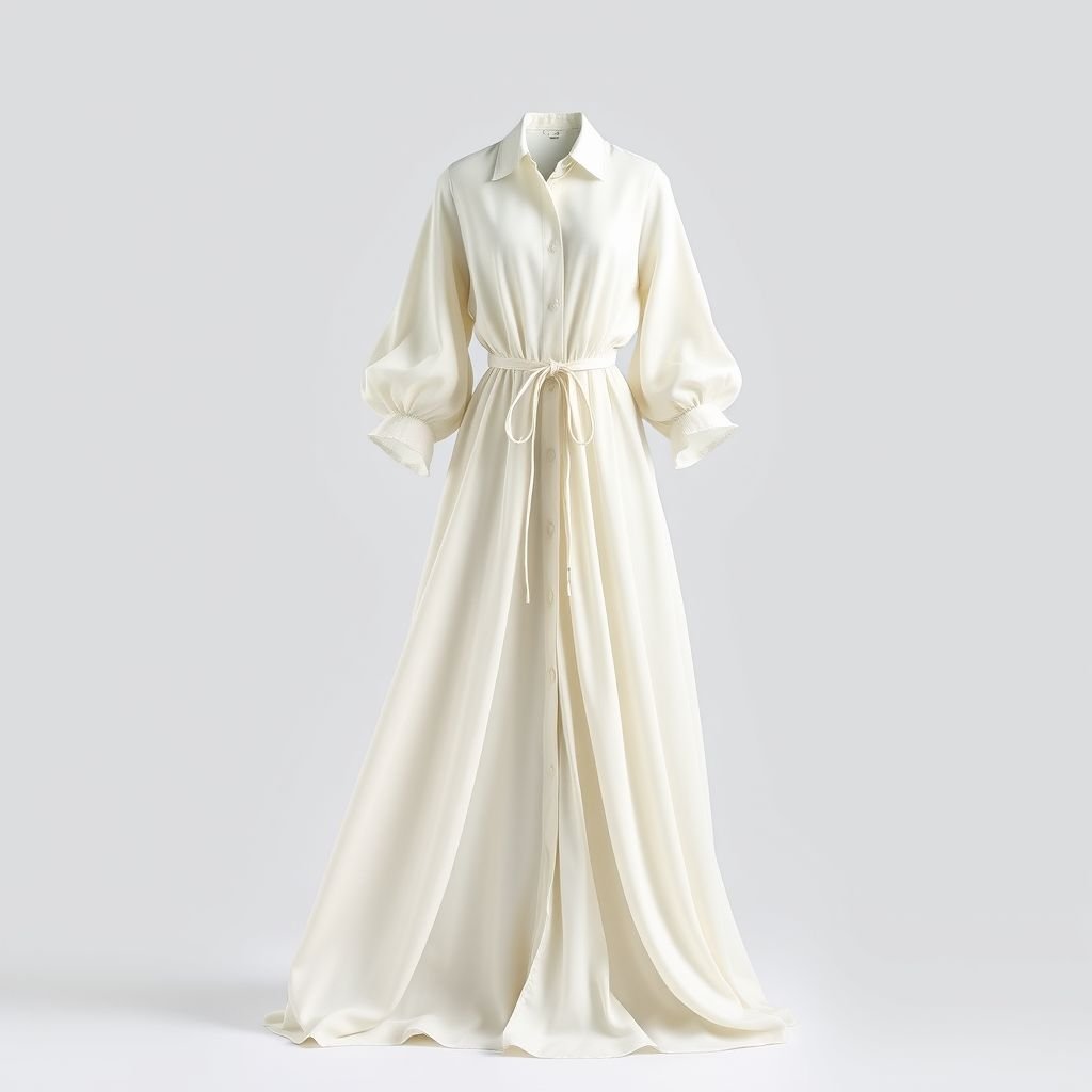 A long straight dress with no design to ankle with angel sleeves to the wrist with a shirt collar then at the wait corners you can tie at both corners which gives the corners some fold there is no band in the waist or the tie doesn’t go round tge waist
Imagine a minimalist long straight dress flowing gracefully to the ankle, crafted from lightweight silk that billows with movement. Flared angel sleeves cascade elegantly to the wrists, while a classic shirt collar adds sophistication. At the waist, delicate ties cinch each corner, creating soft folds that enhance the dress's ethereal silhouette.
